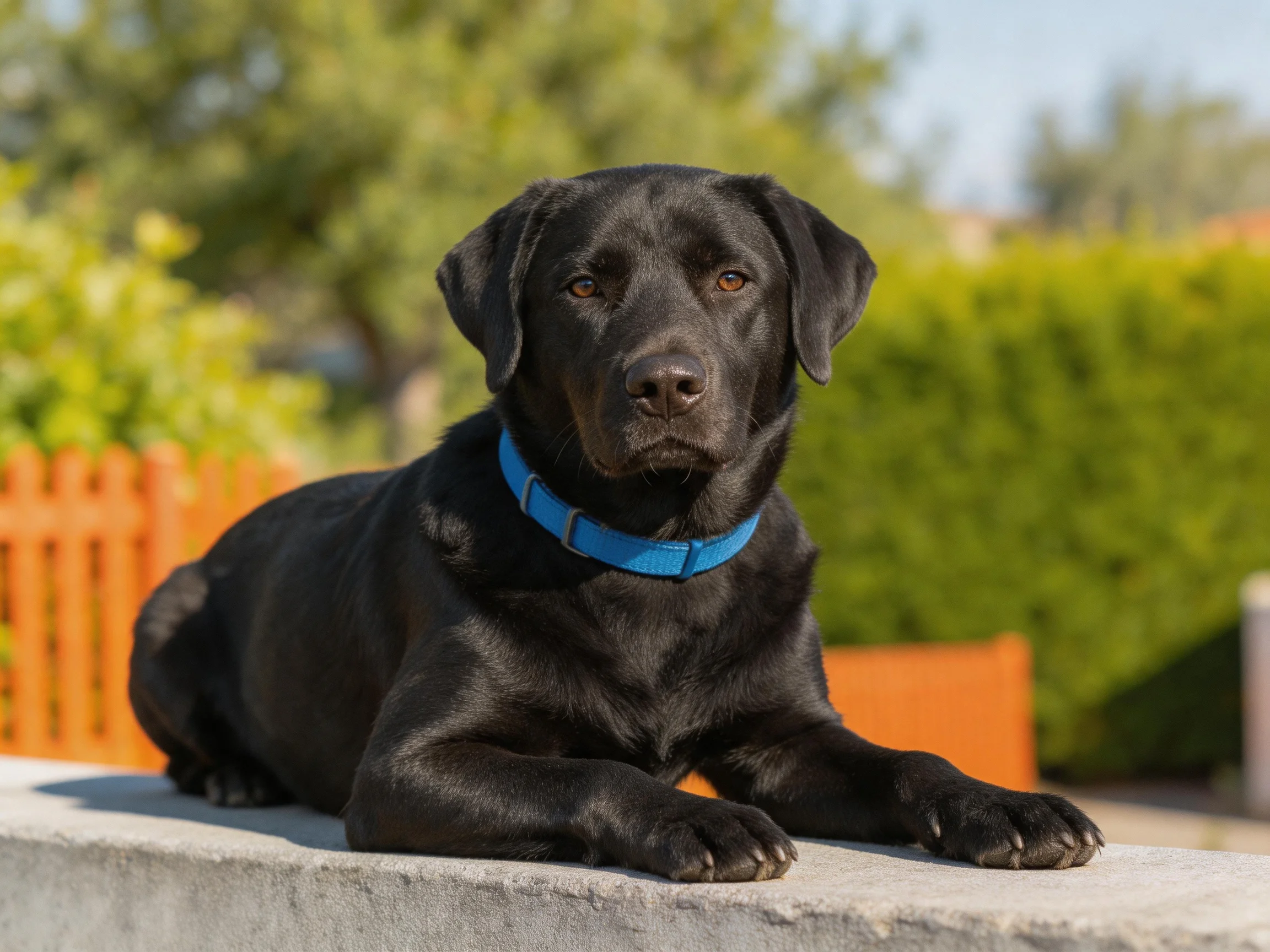 A black Labrador Retriever lies calmly near an orange fence in a sunny outdoor area.