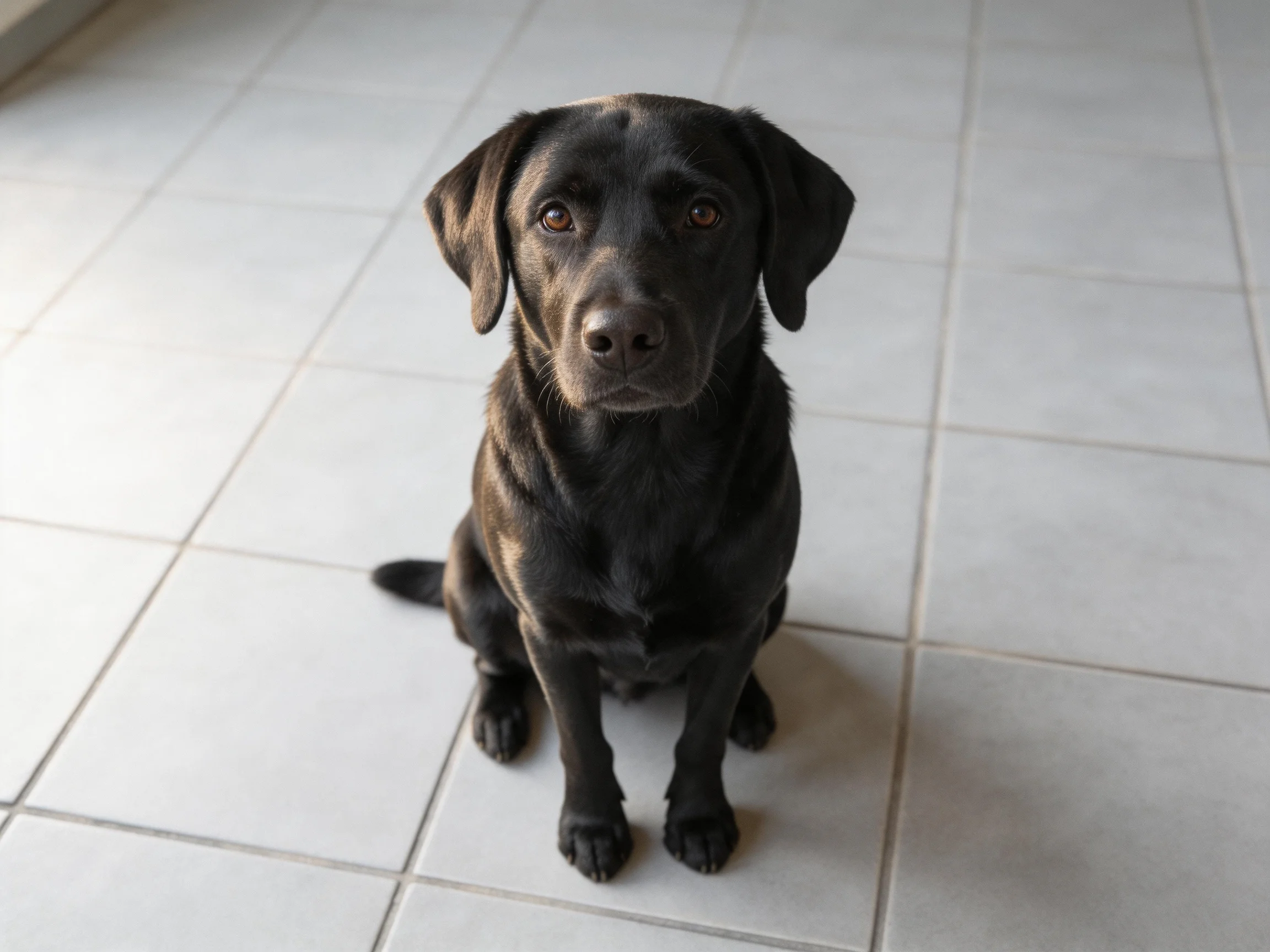 A black Labrador Retriever sits attentively on light gray tiles.