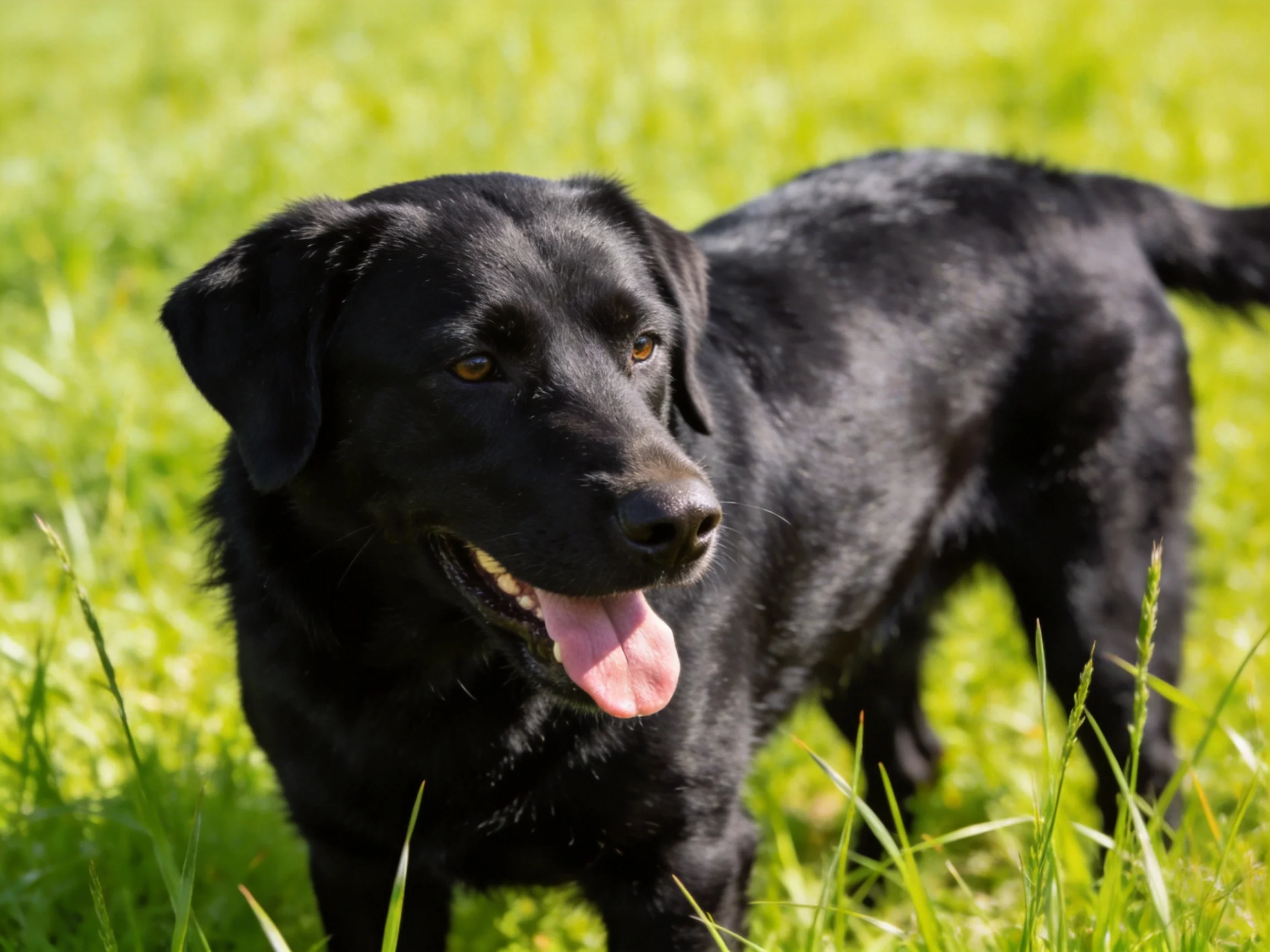 Ablack Labrador Retriever stands contentedly amid tall, sunlit grass.