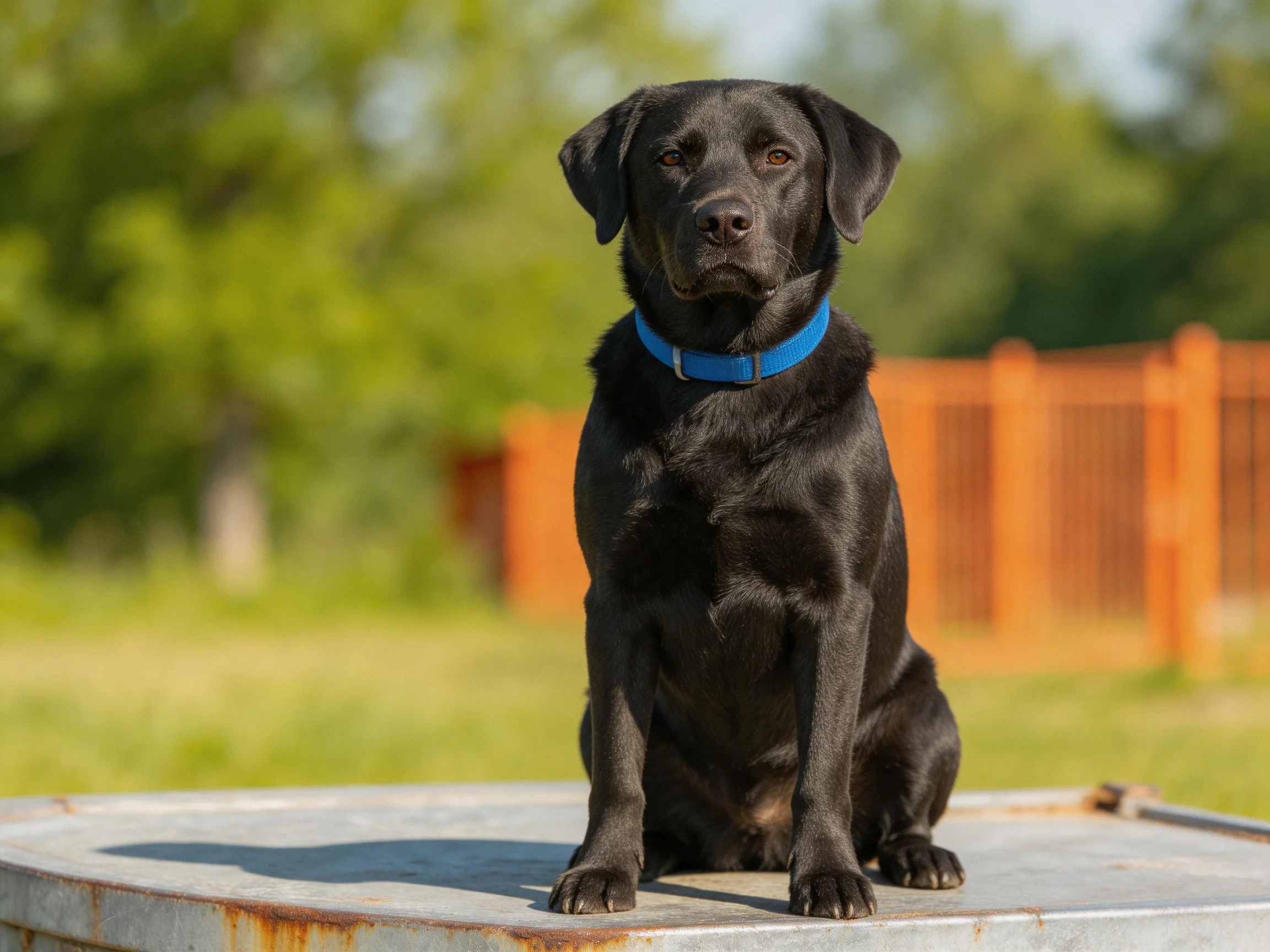 A black Labrador Retriever sits calmly on an outdoor metallic structure.