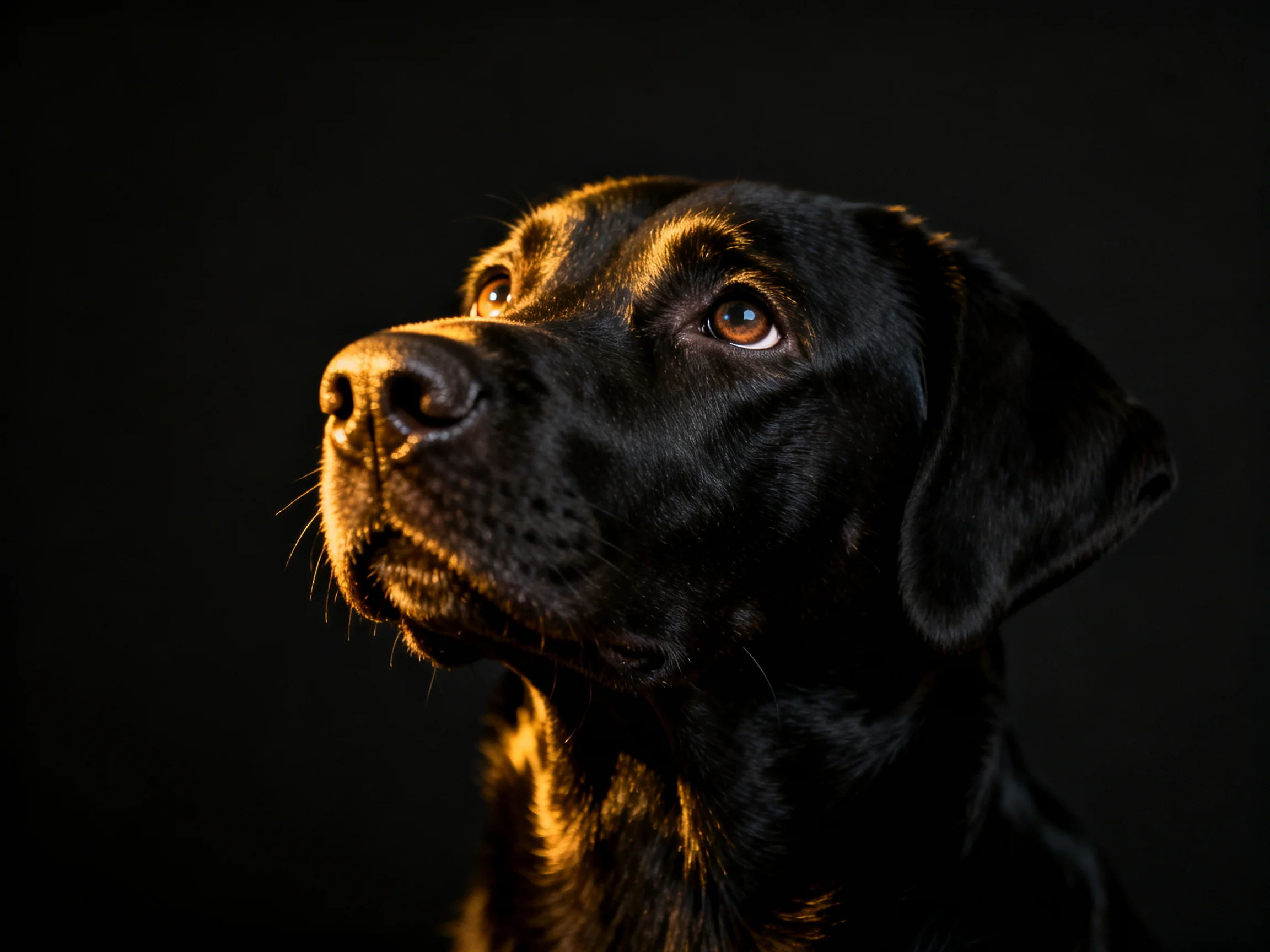 A black Labrador dog illuminated by warm light gazes upward.