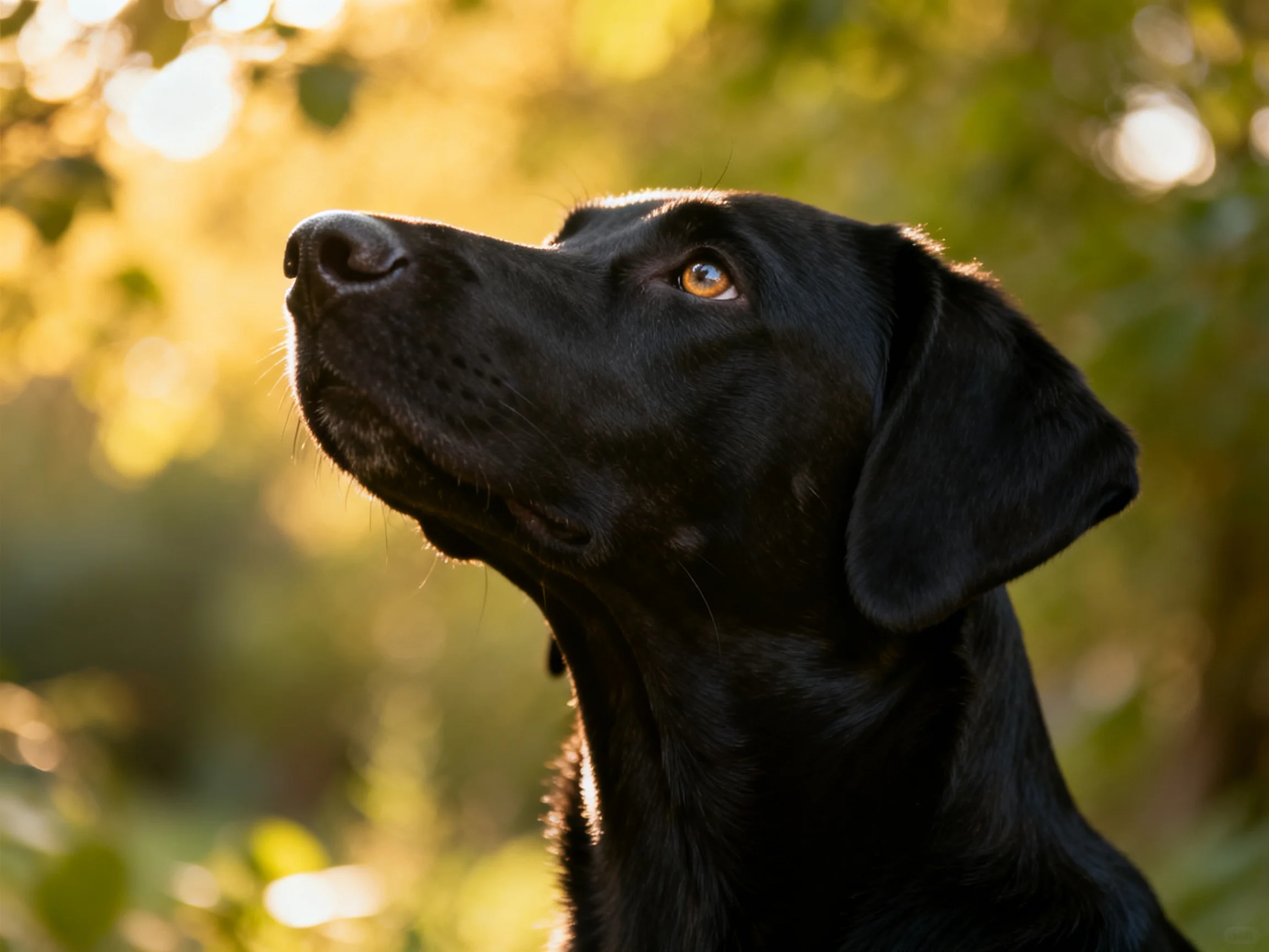 A black Labrador gazing upward amid golden foliage