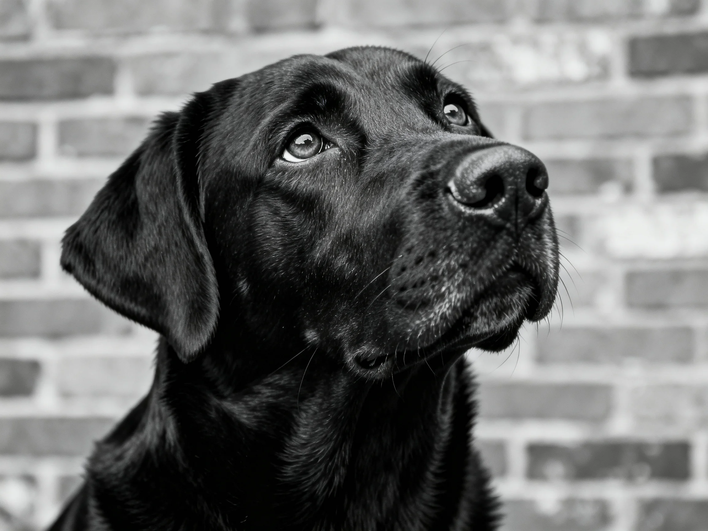 A black Labrador gazing upward near a textured brick wall