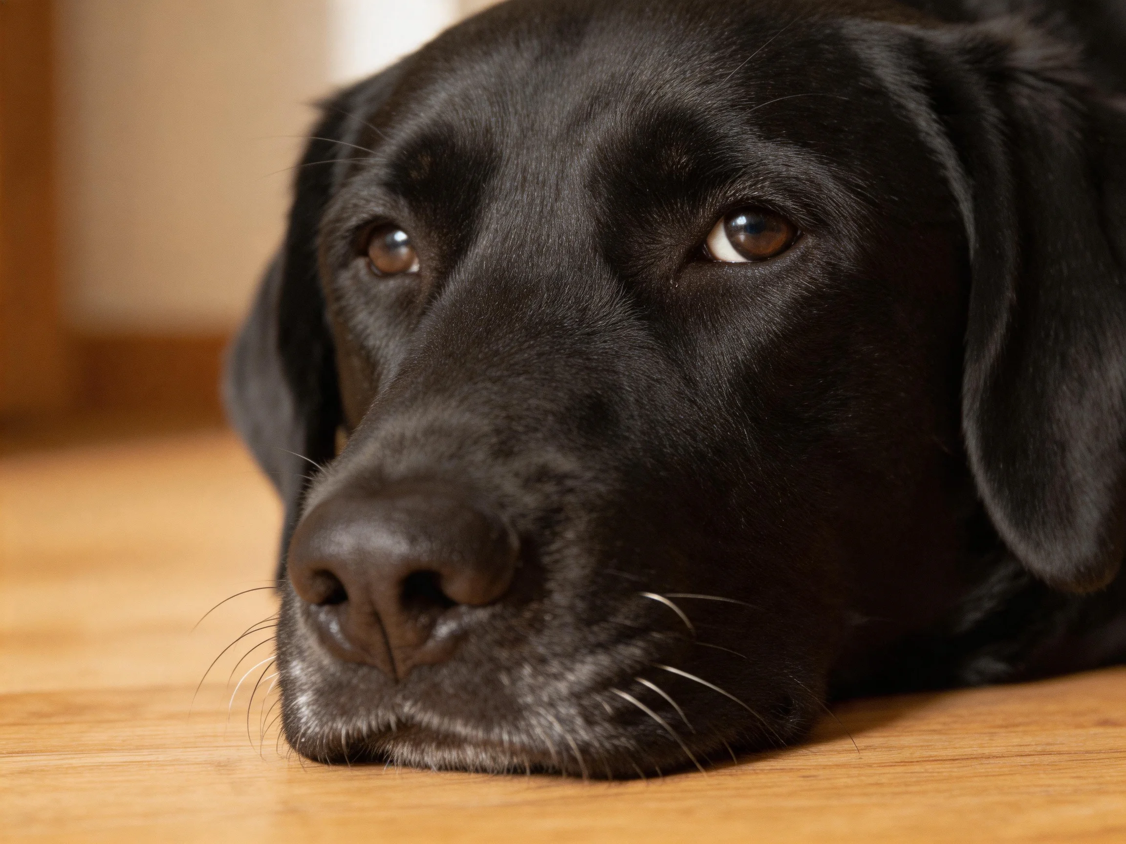 A black Labrador rests calmly on a wooden floor indoors.