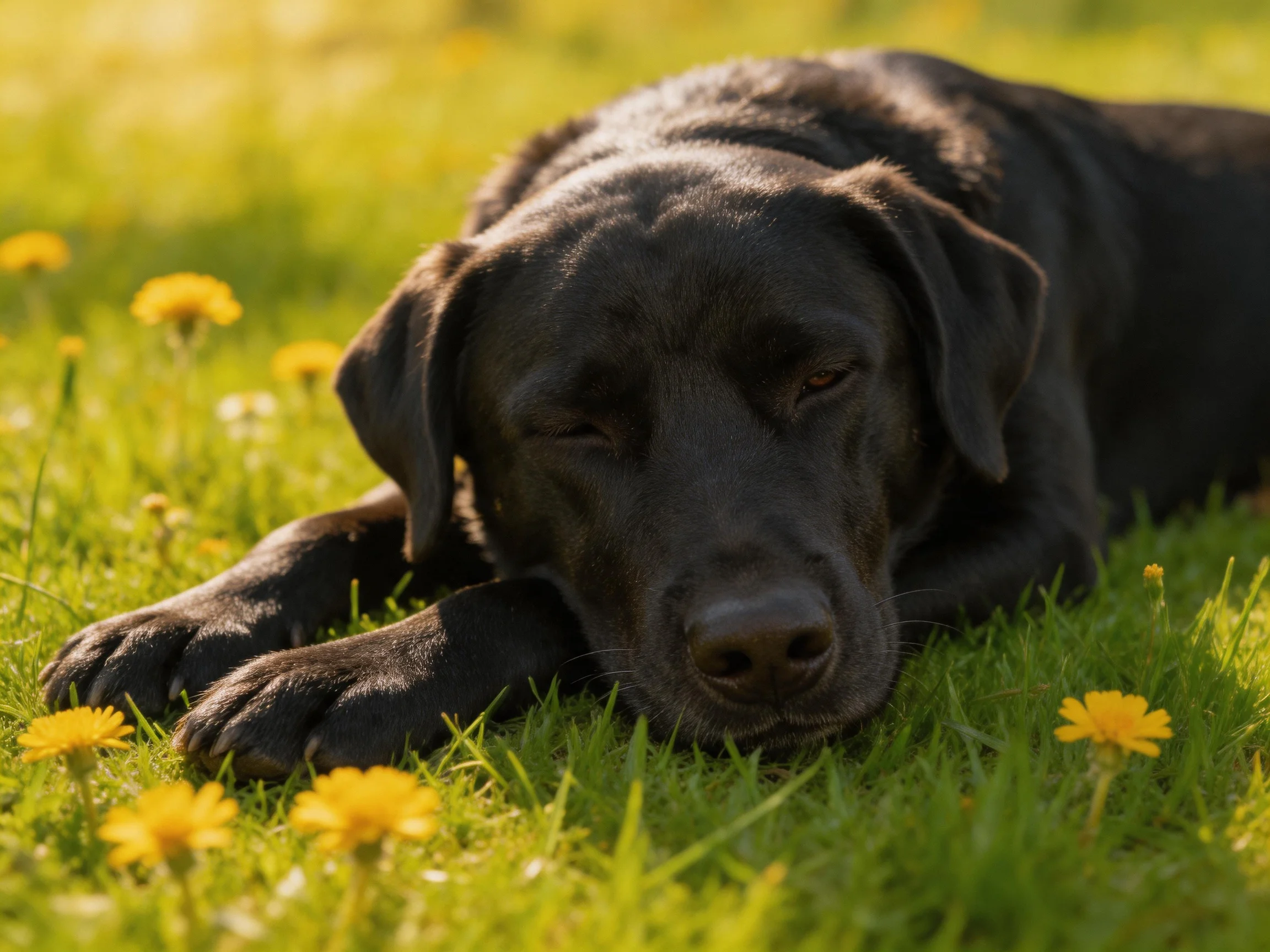 A black Labrador rests amid vibrant green grass and yellow wildflowers