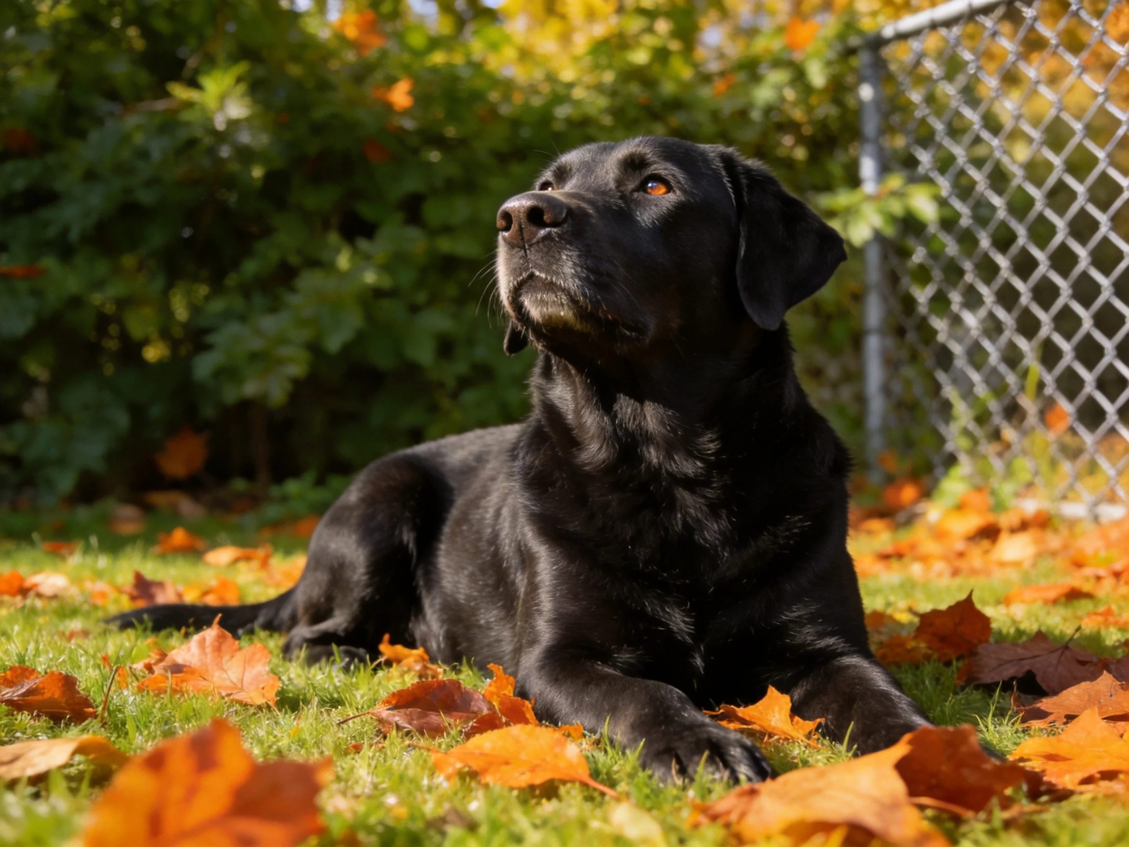 A black Labrador rests among orange fallen leaves near a chain-link fence