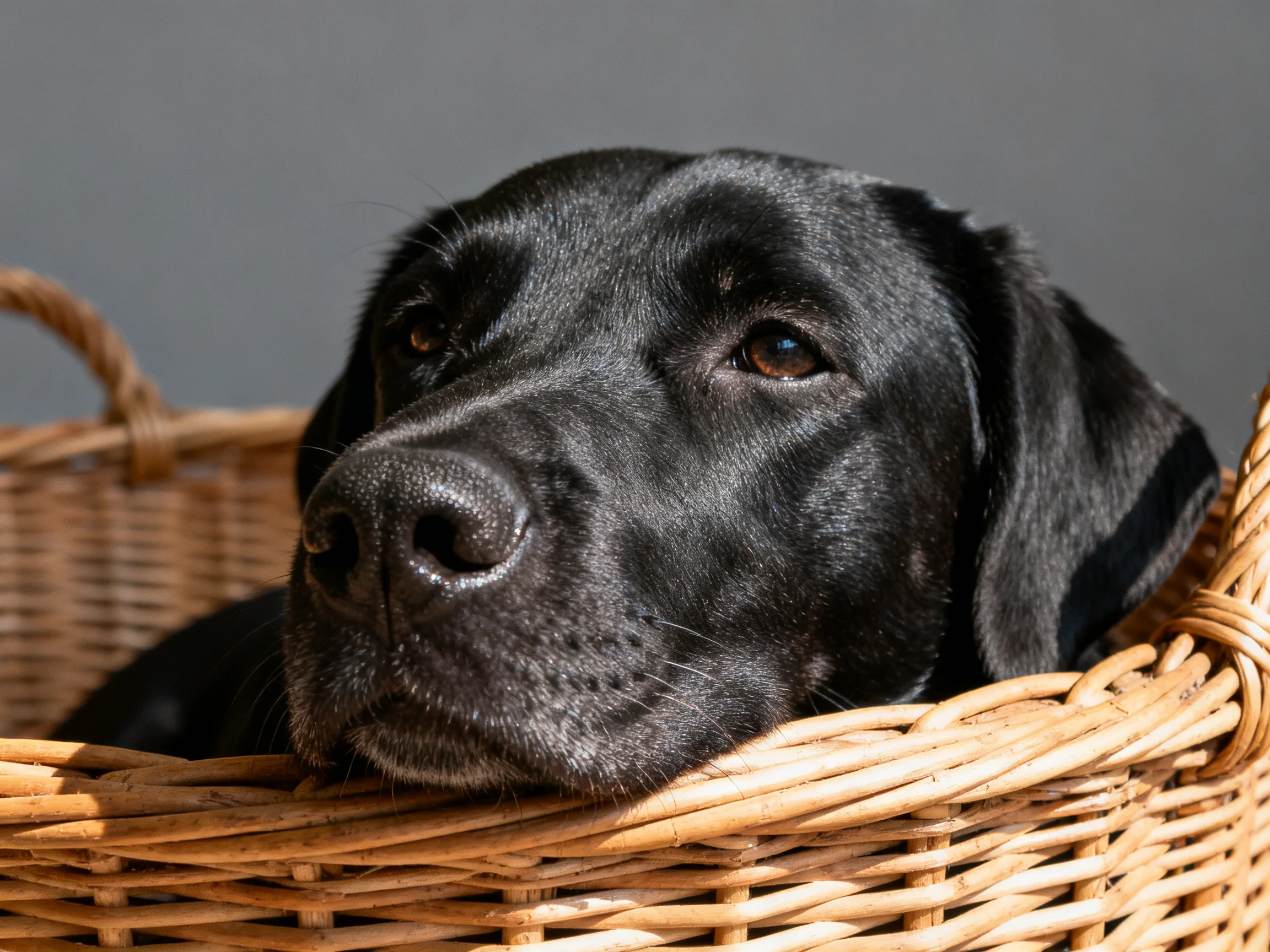 A black Labrador rests in a woven wicker basket against a gray backdrop