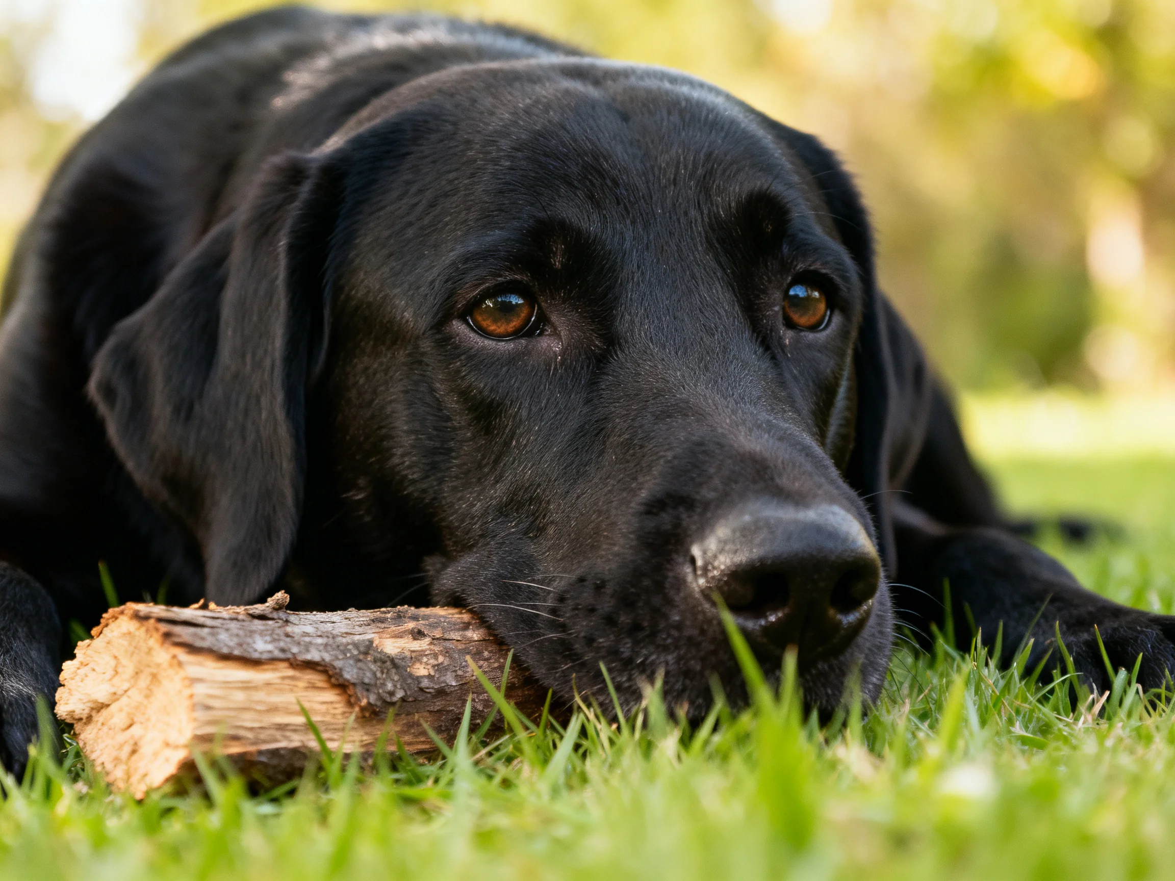 A black Labrador lies next to a wooden log in a grassy area.
