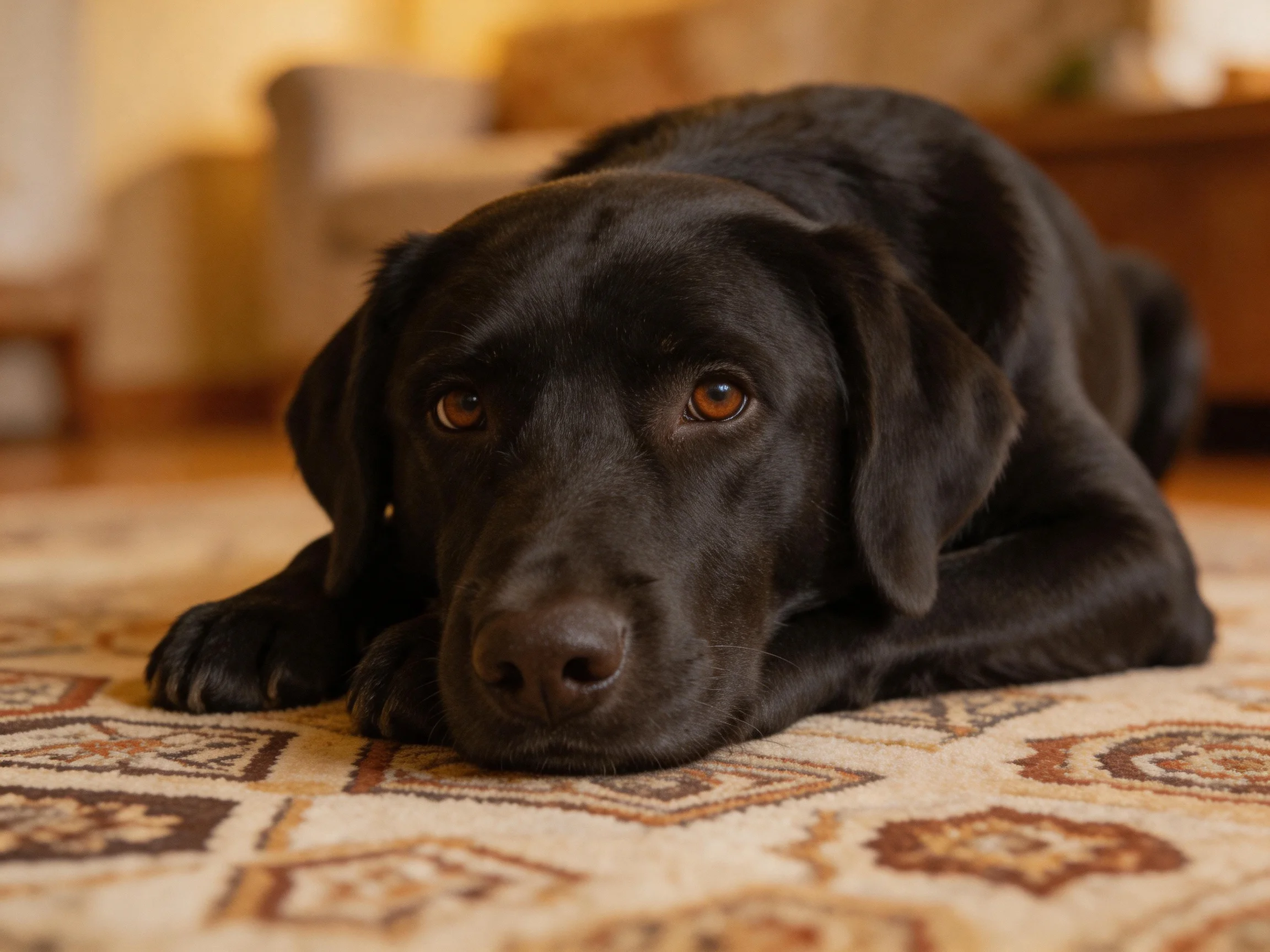 A black Labrador relaxes on a patterned rug within a warmly lit home setting