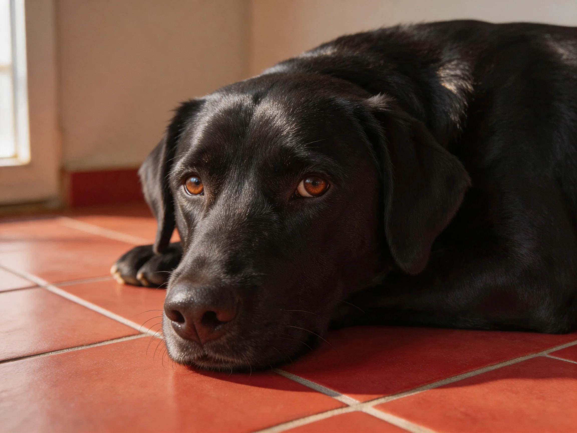 A black Labrador lies on red tile flooring in a sunlit indoor area.