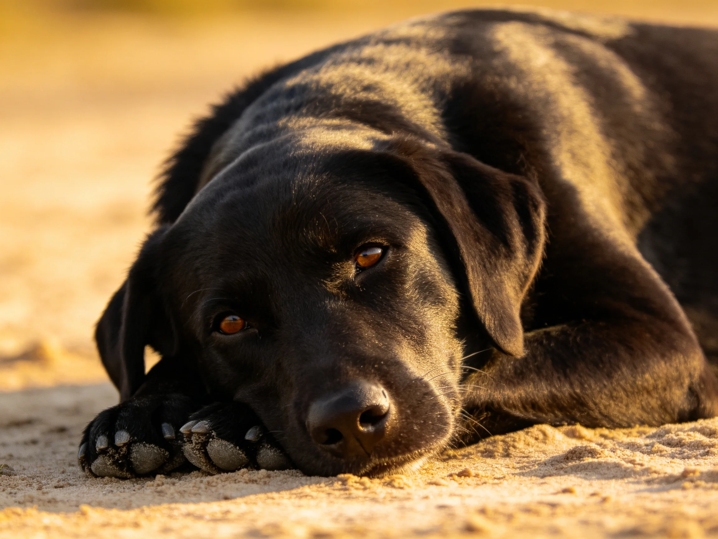 A black Labrador rests on sandy ground with warm sunlight