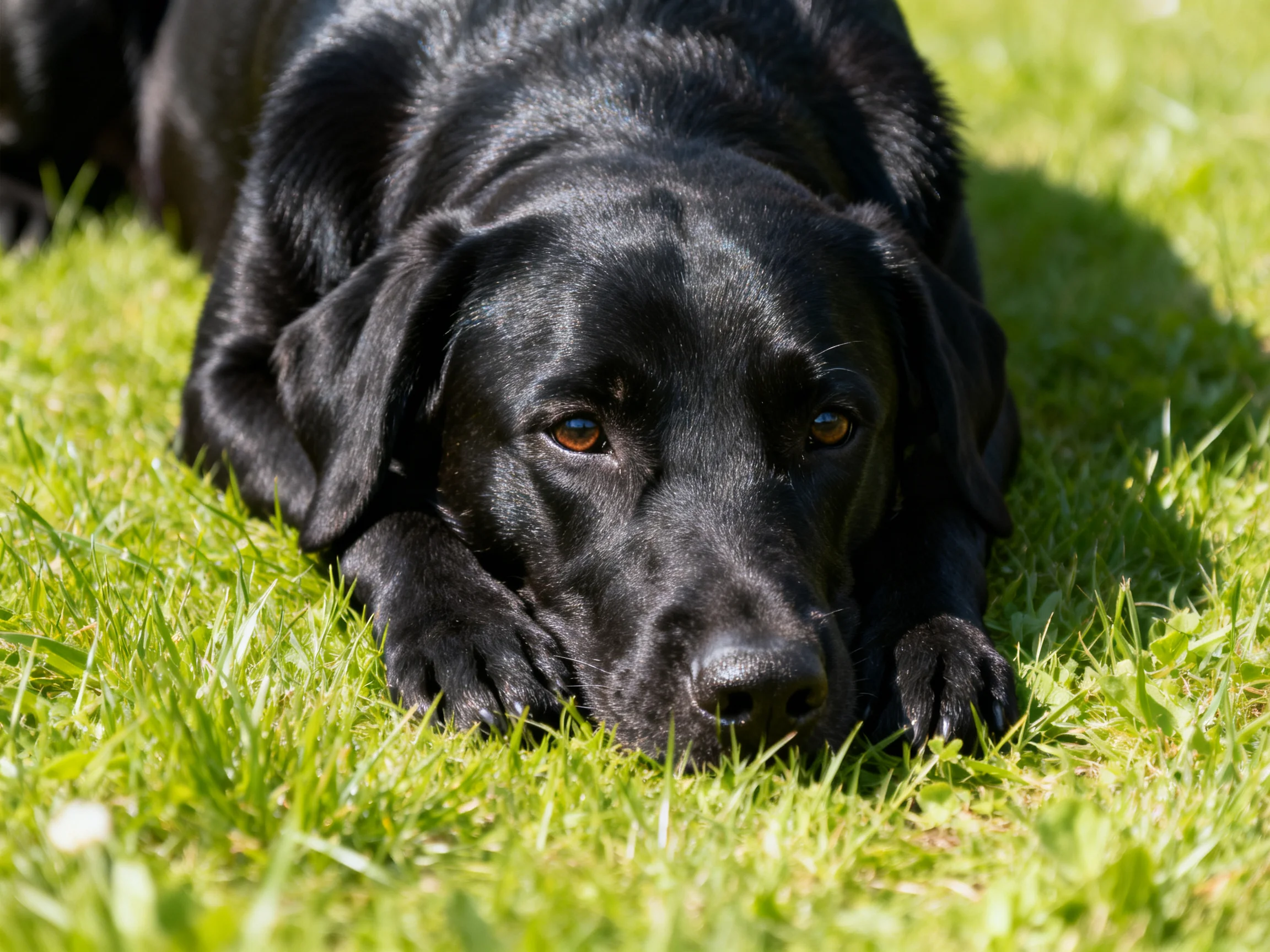 A black Labrador relaxes on green grass in sunny conditions.