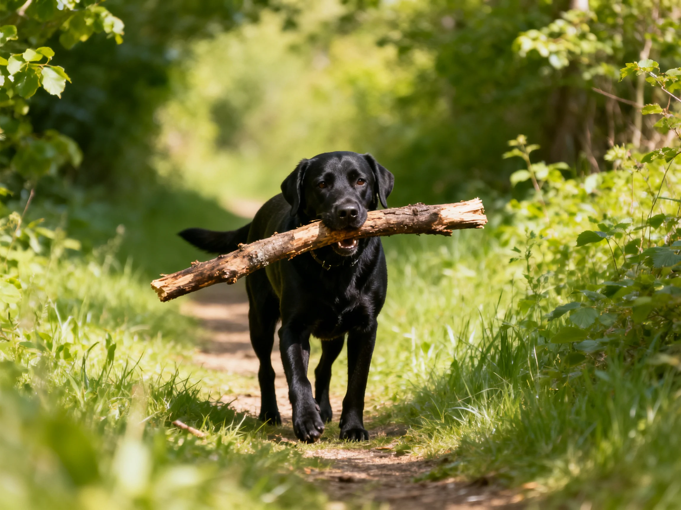 A black Labrador retriever walks down a forest path carrying a large branch.