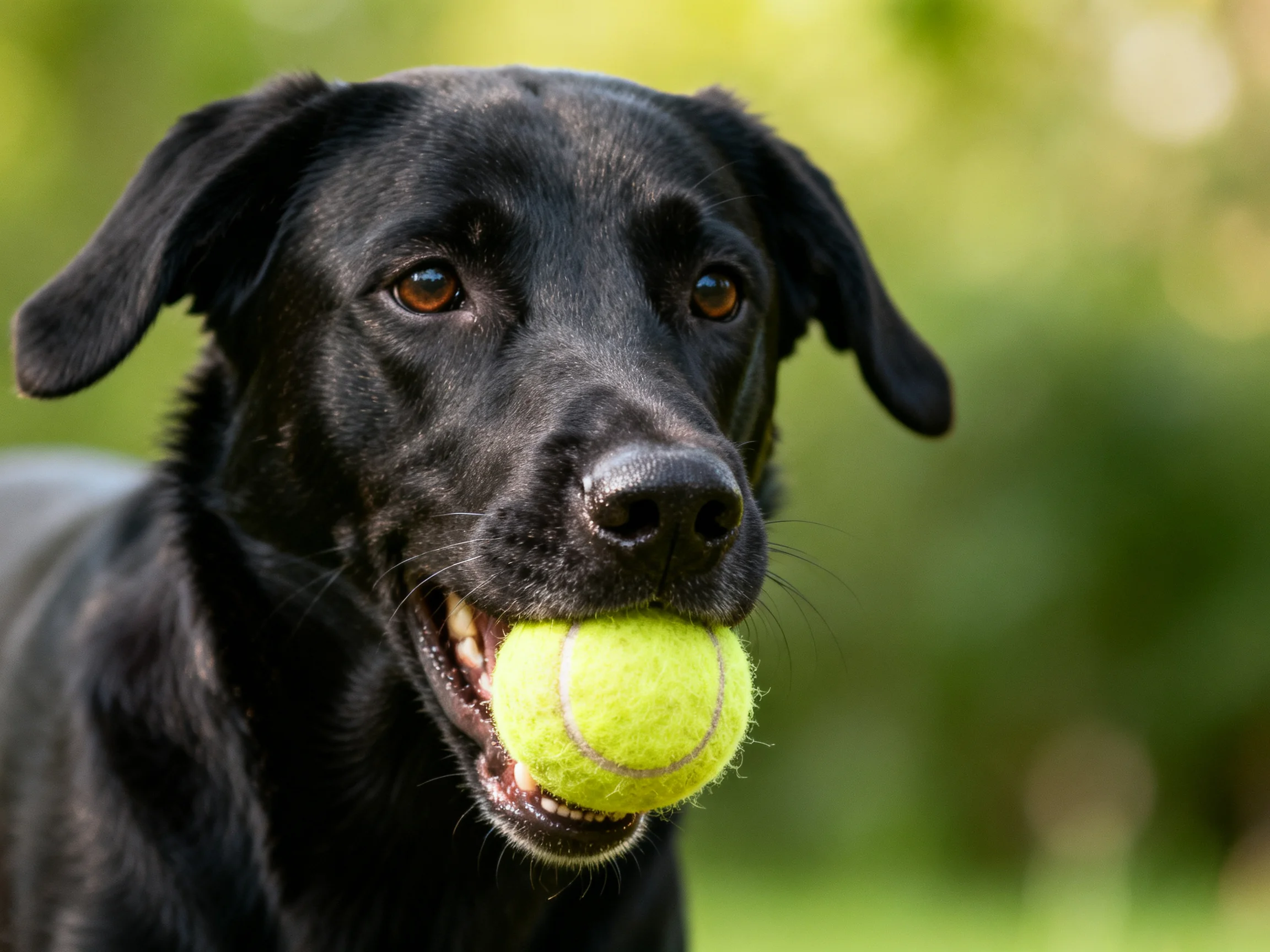 A black Labrador retriever holds a yellow tennis ball in an outdoor area