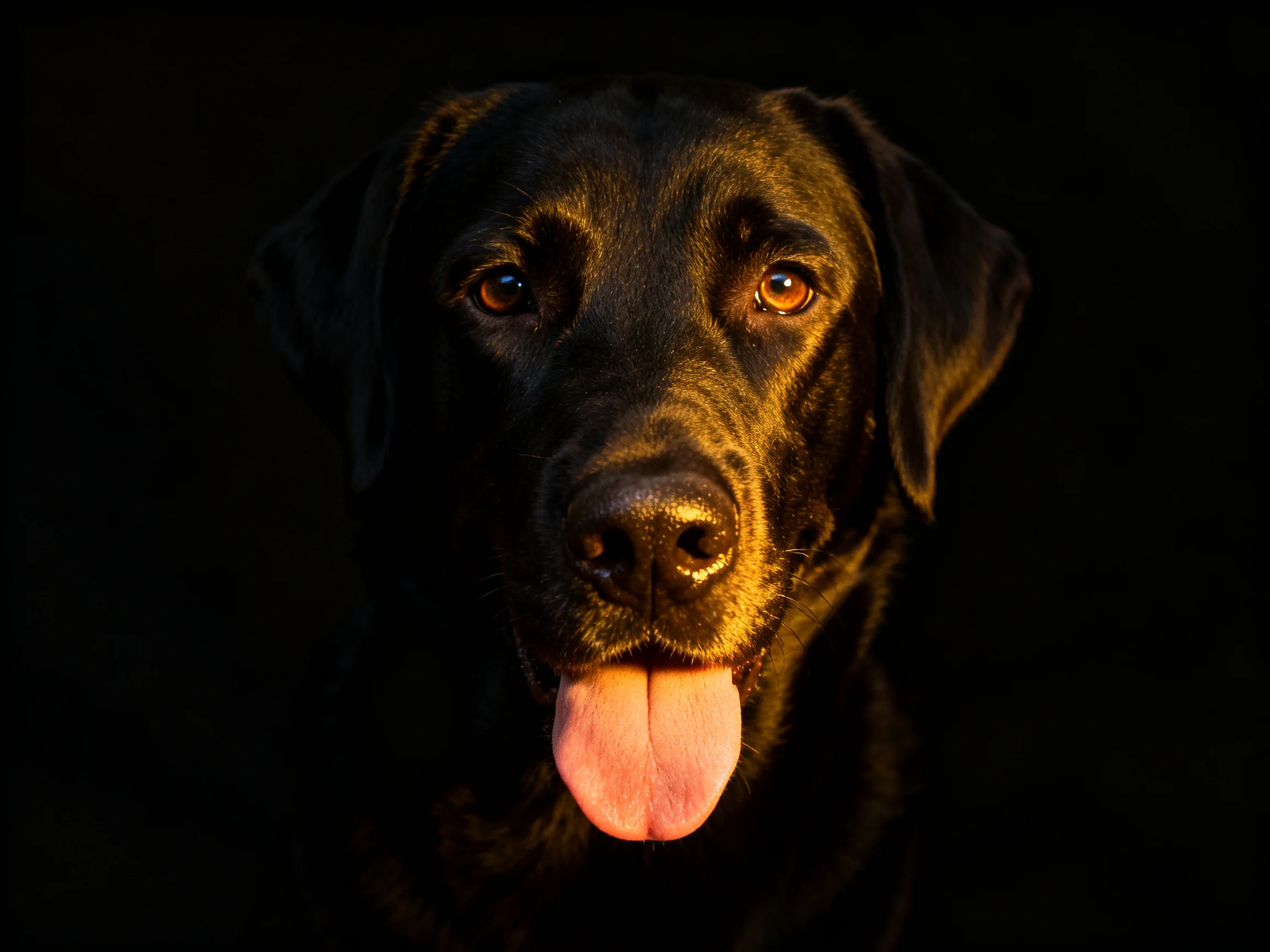 A black Labrador retriever highlighted by warm golden lighting