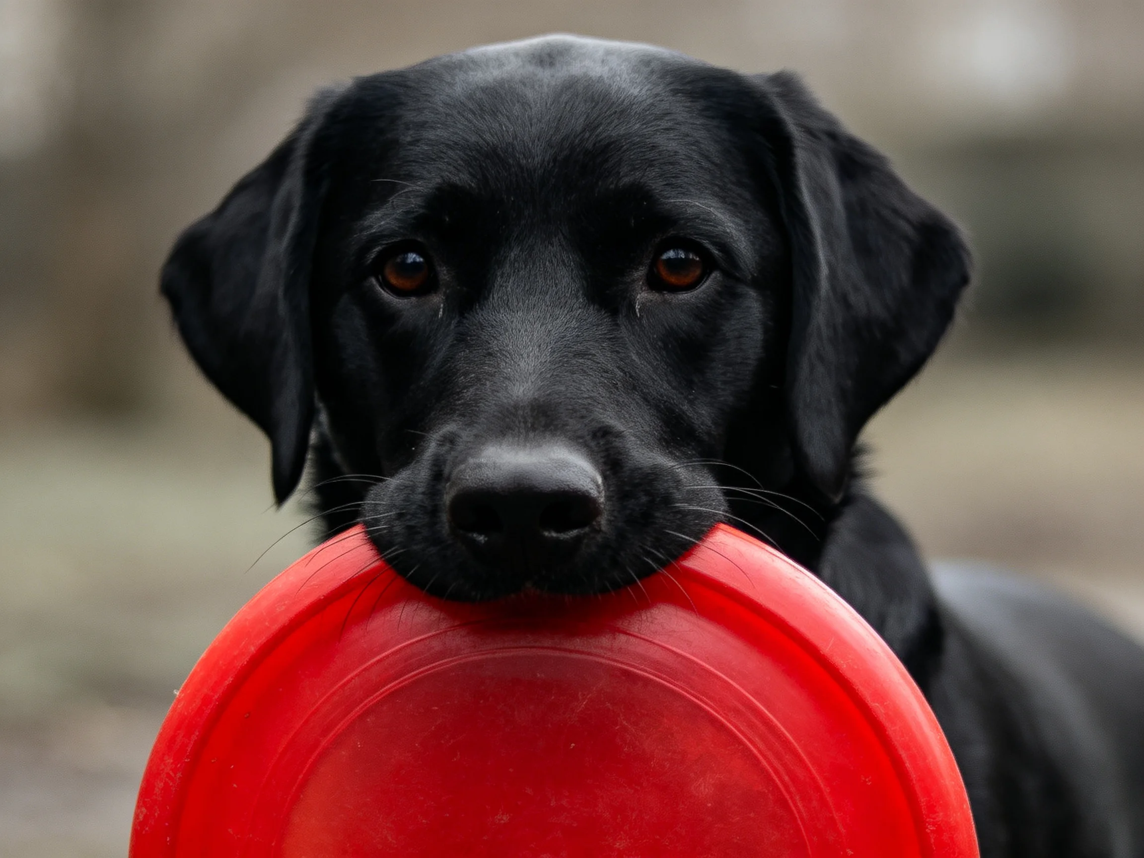 A black Labrador retriever holds a bright red frisbee