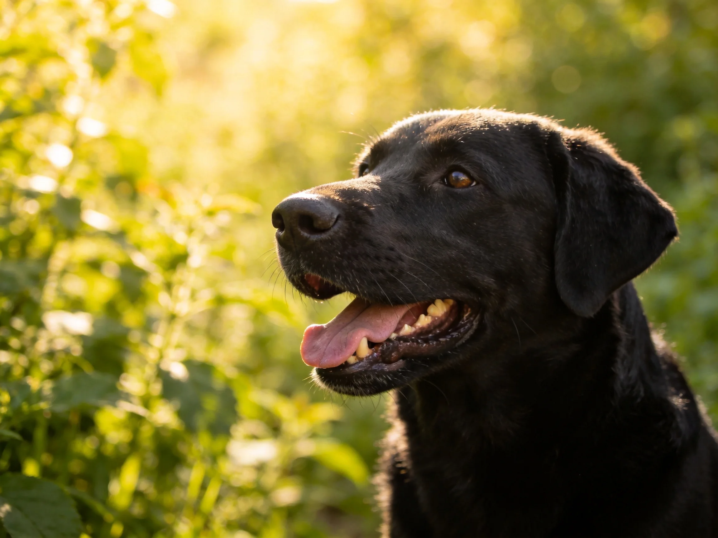 A black Labrador retriever ises amid greenery in bright sunlight.