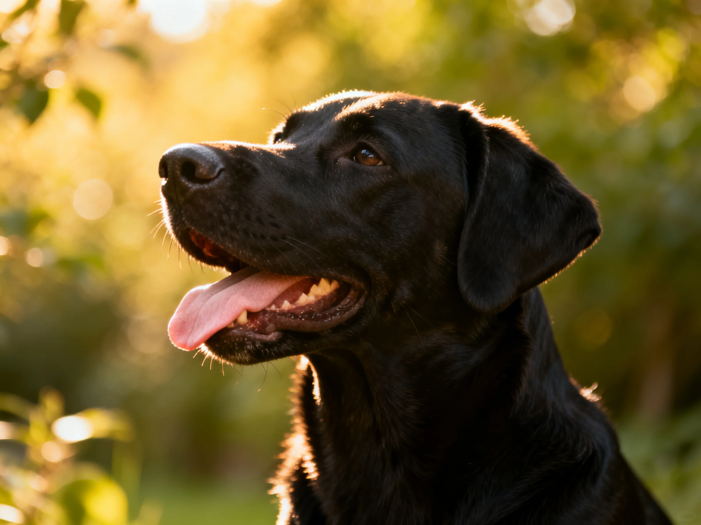 A black Labrador retriever relaxes in sunlit greenery.