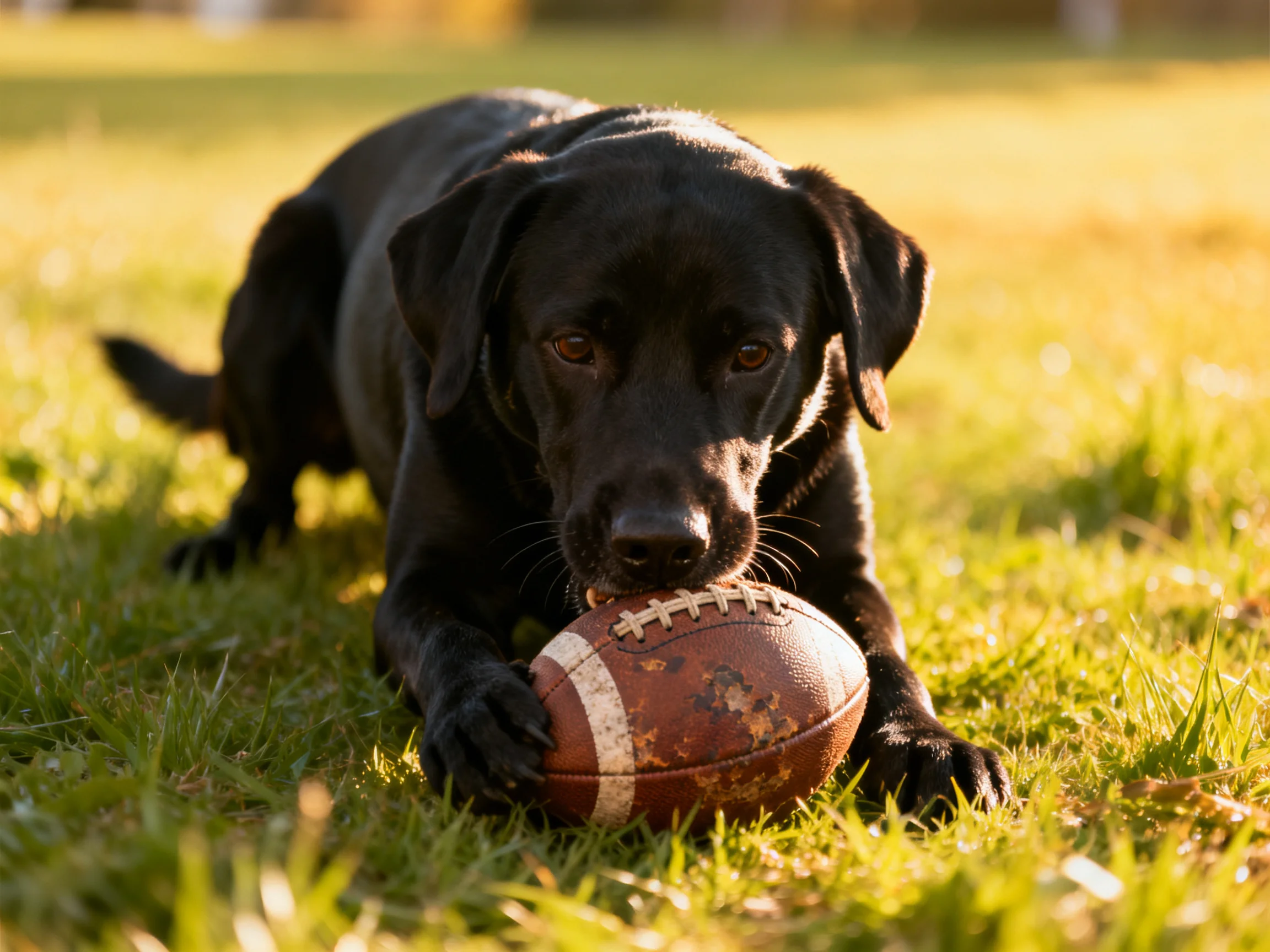 A black Labrador retriever holds a worn football while lying on grass.