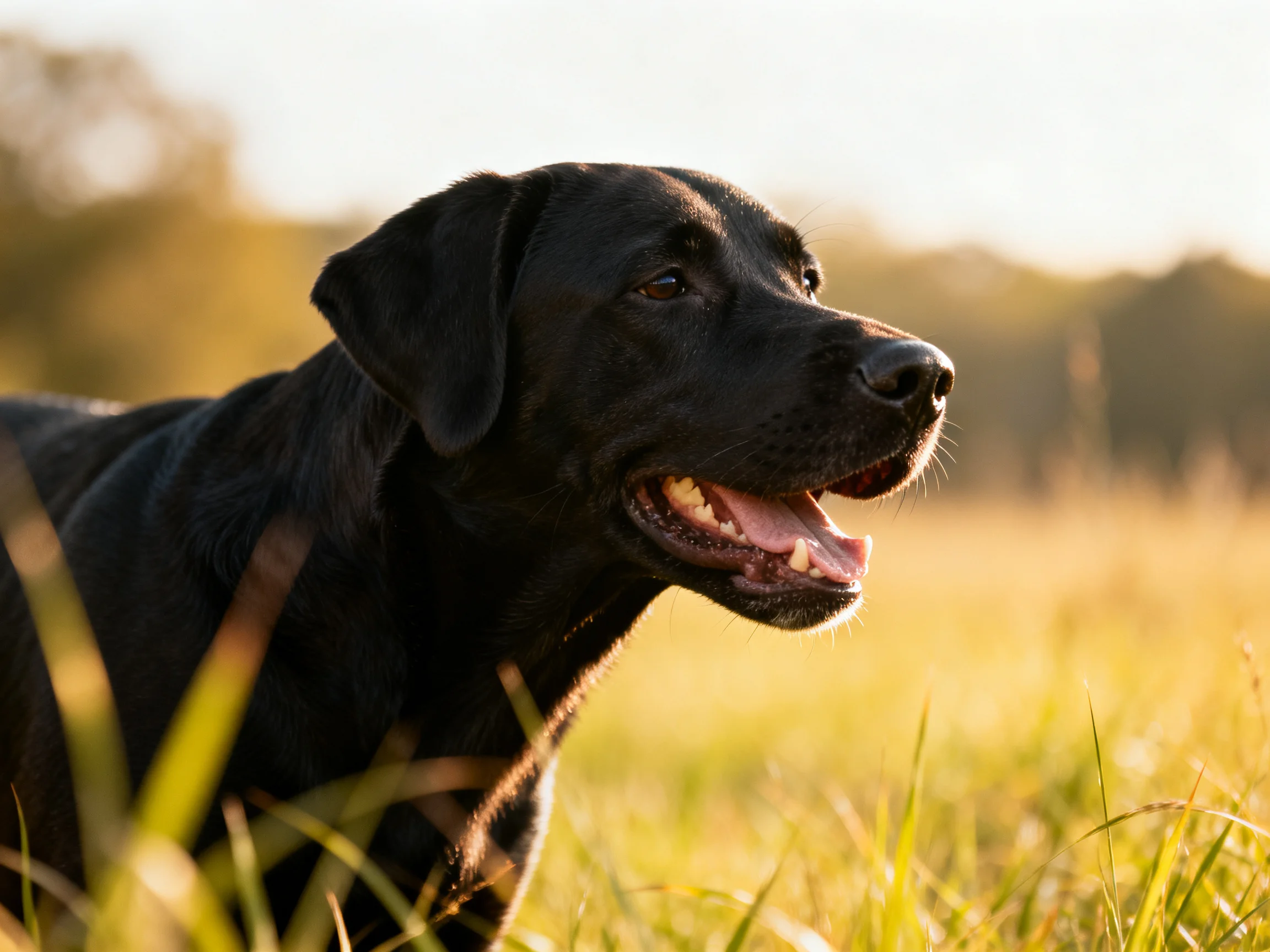 A black Labrador retriever enjoys a sunny day in a grassy field.