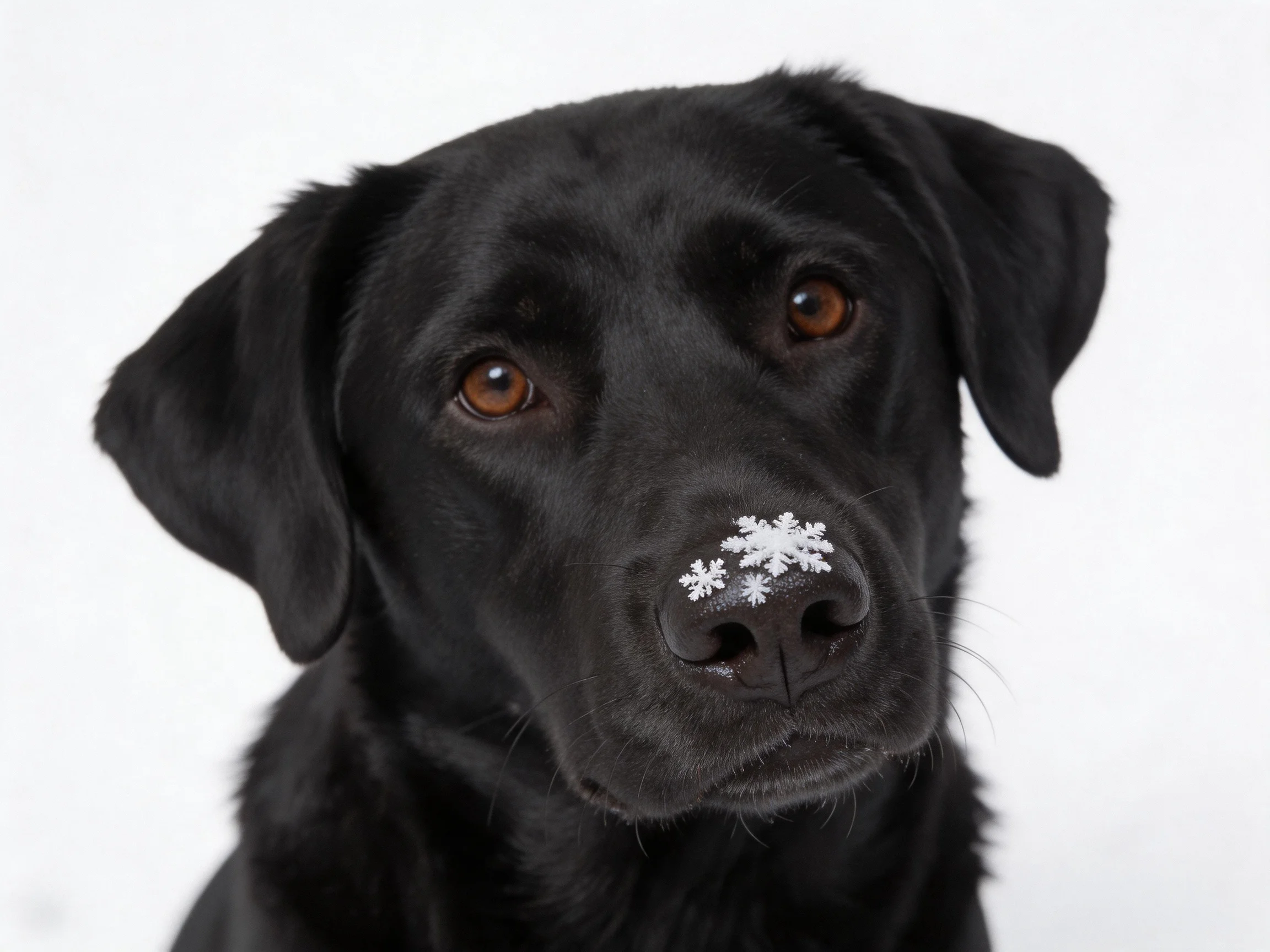 A black Labrador retriever has snowflakes on its nose.
