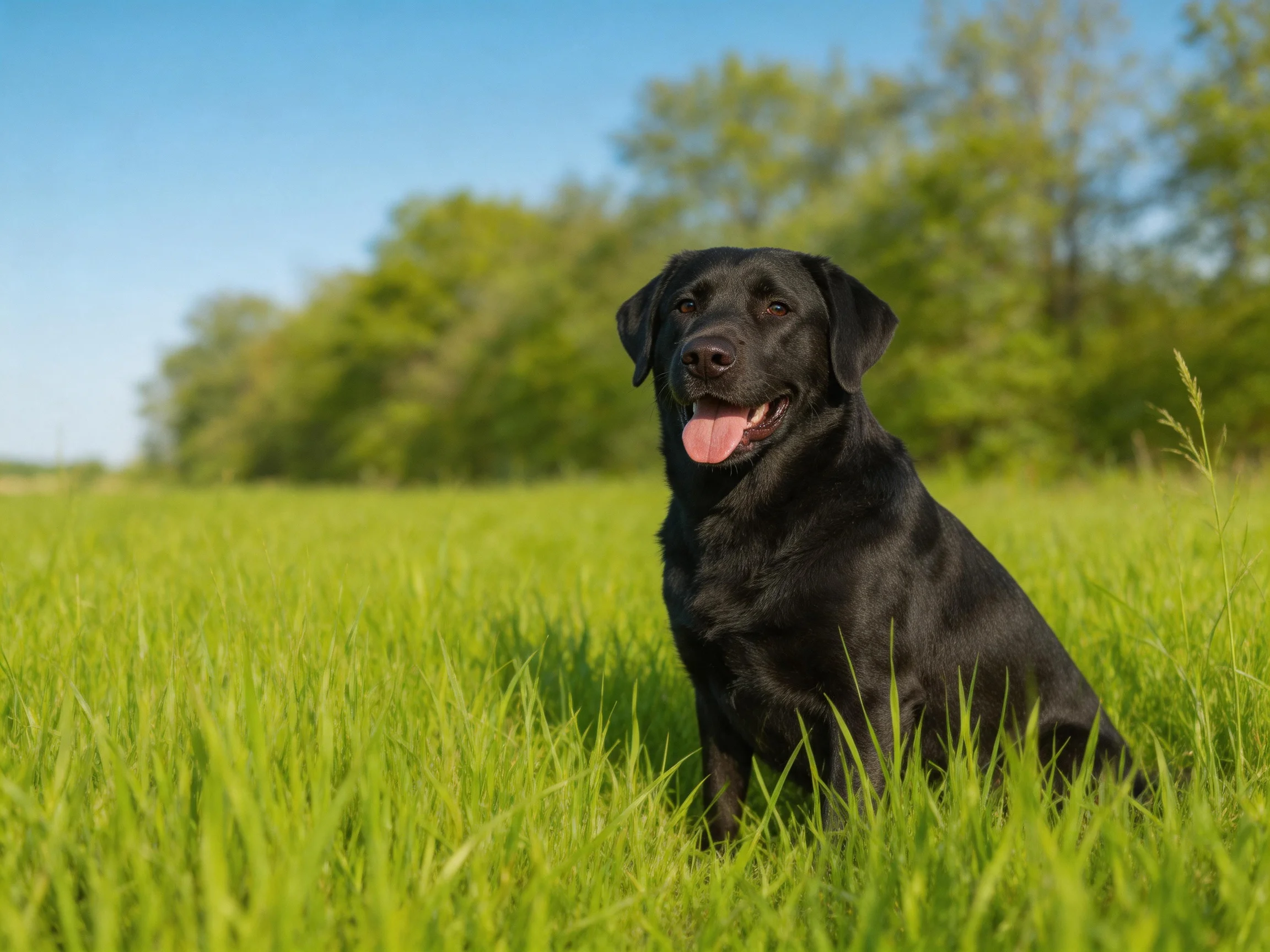 A black Labrador sits contentedly in a sunlit green meadow.