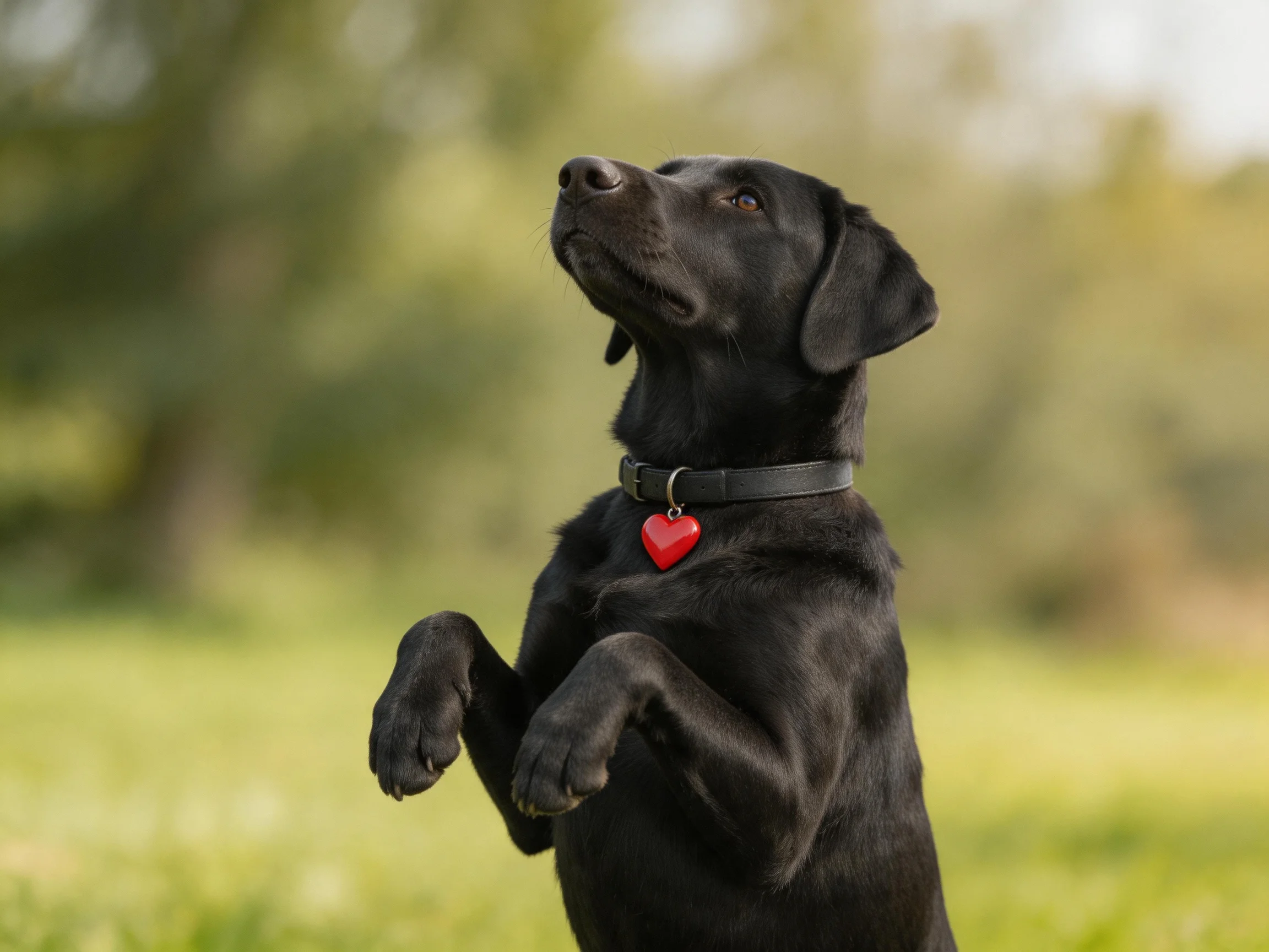 A black Labrador stands on hind legs with a red heart collar tag in a green outdoor area