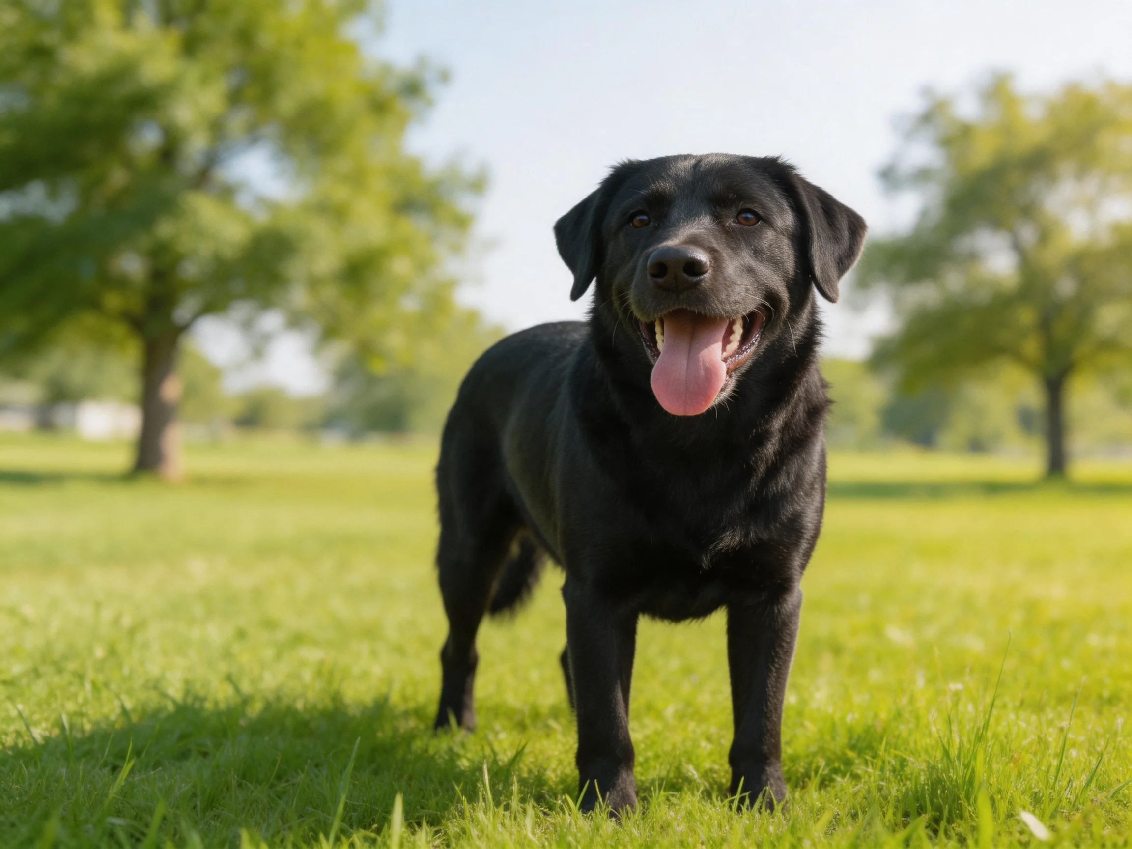 A black dog relaxes on grass in a sunny park.