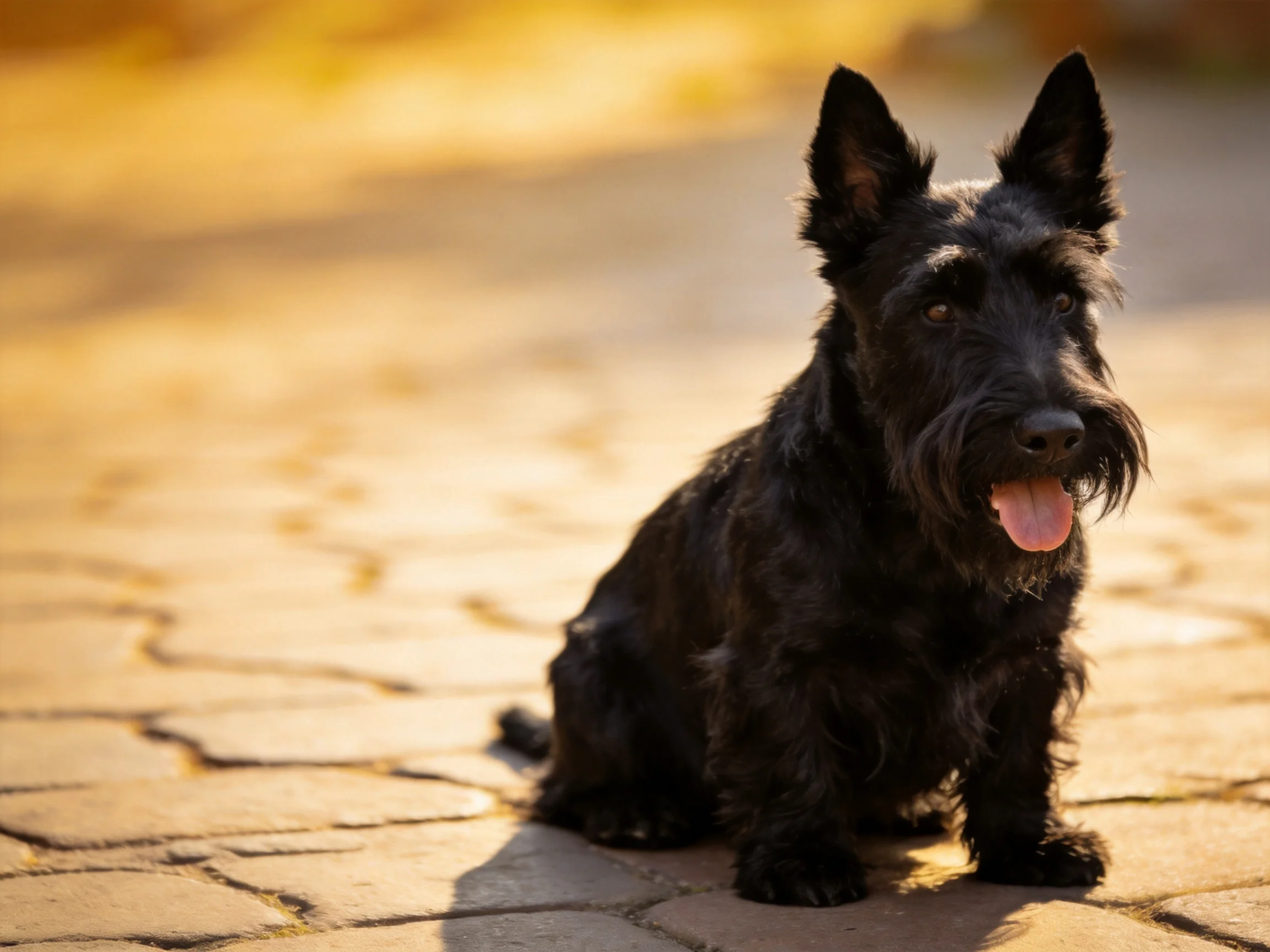 A black Scottish Terrier sits on a sunlit stone pavement