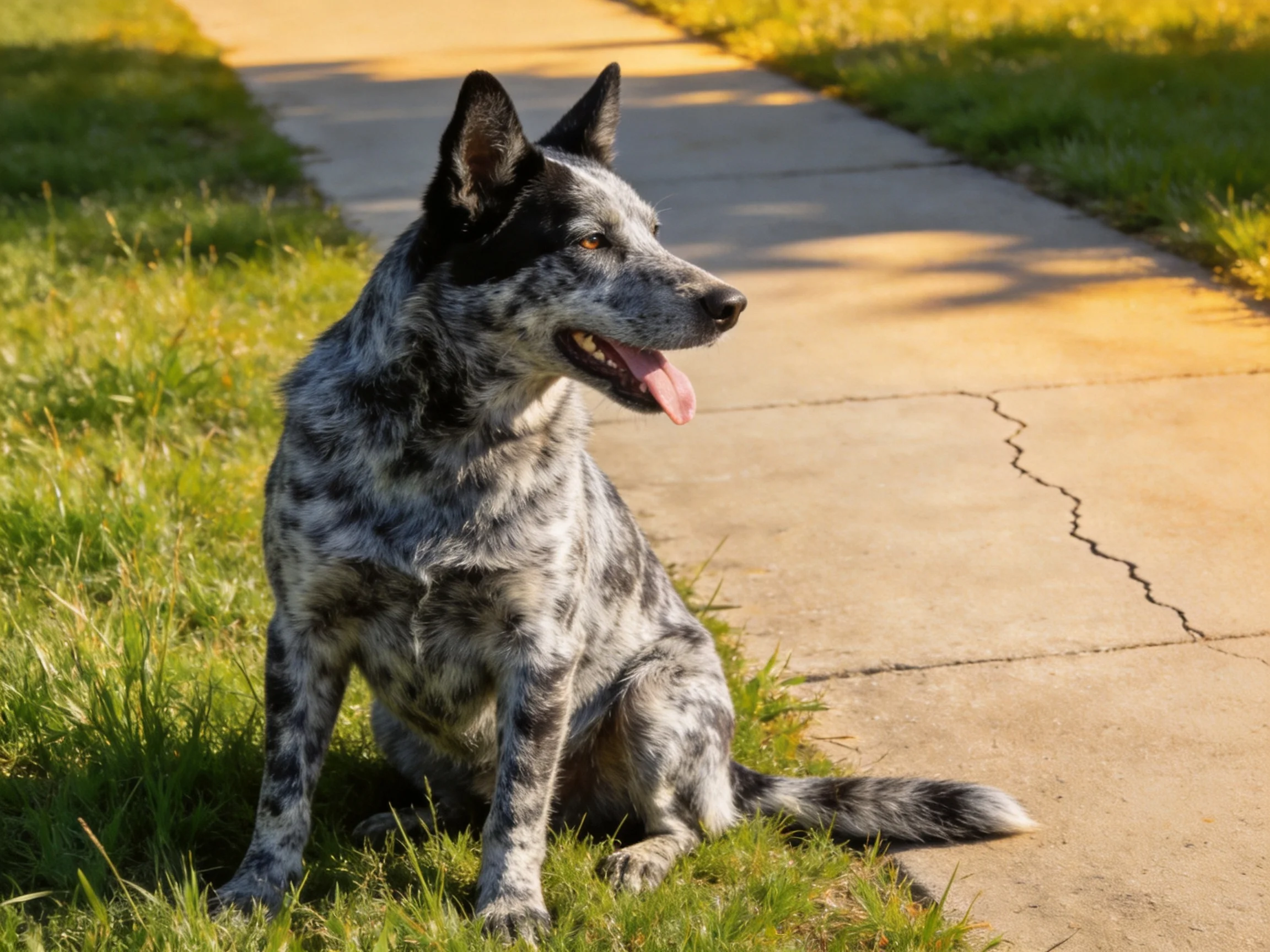 A speckled dog rests near a cracked concrete walkway in bright sunlight.