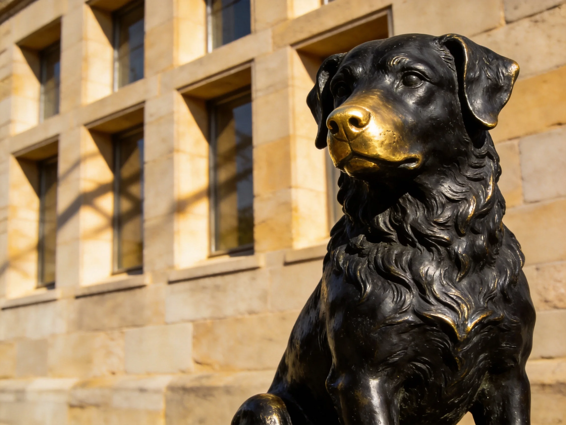 A black and gold dog statue outside a stone building with windows