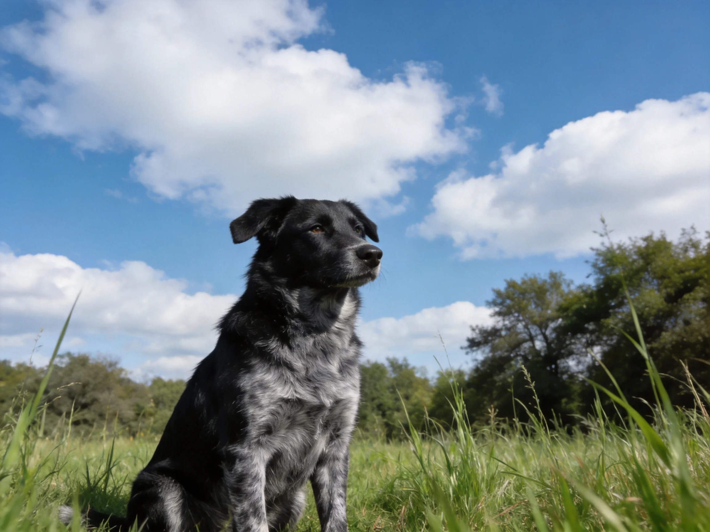 A black and gray dog sits in tall green grass under bright blue sky