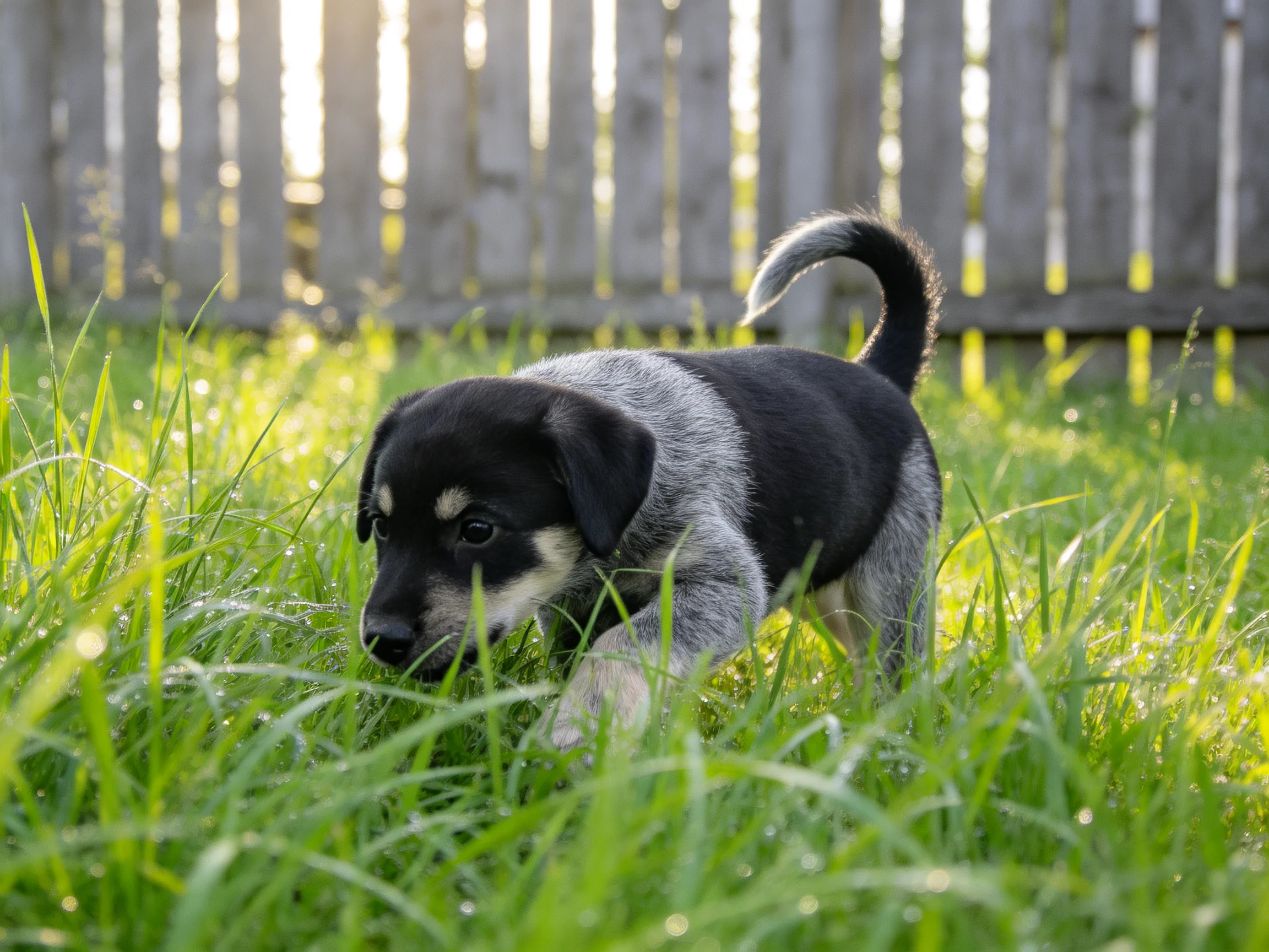 A black-and-gray puppy explores lush green grass near a wooden fence