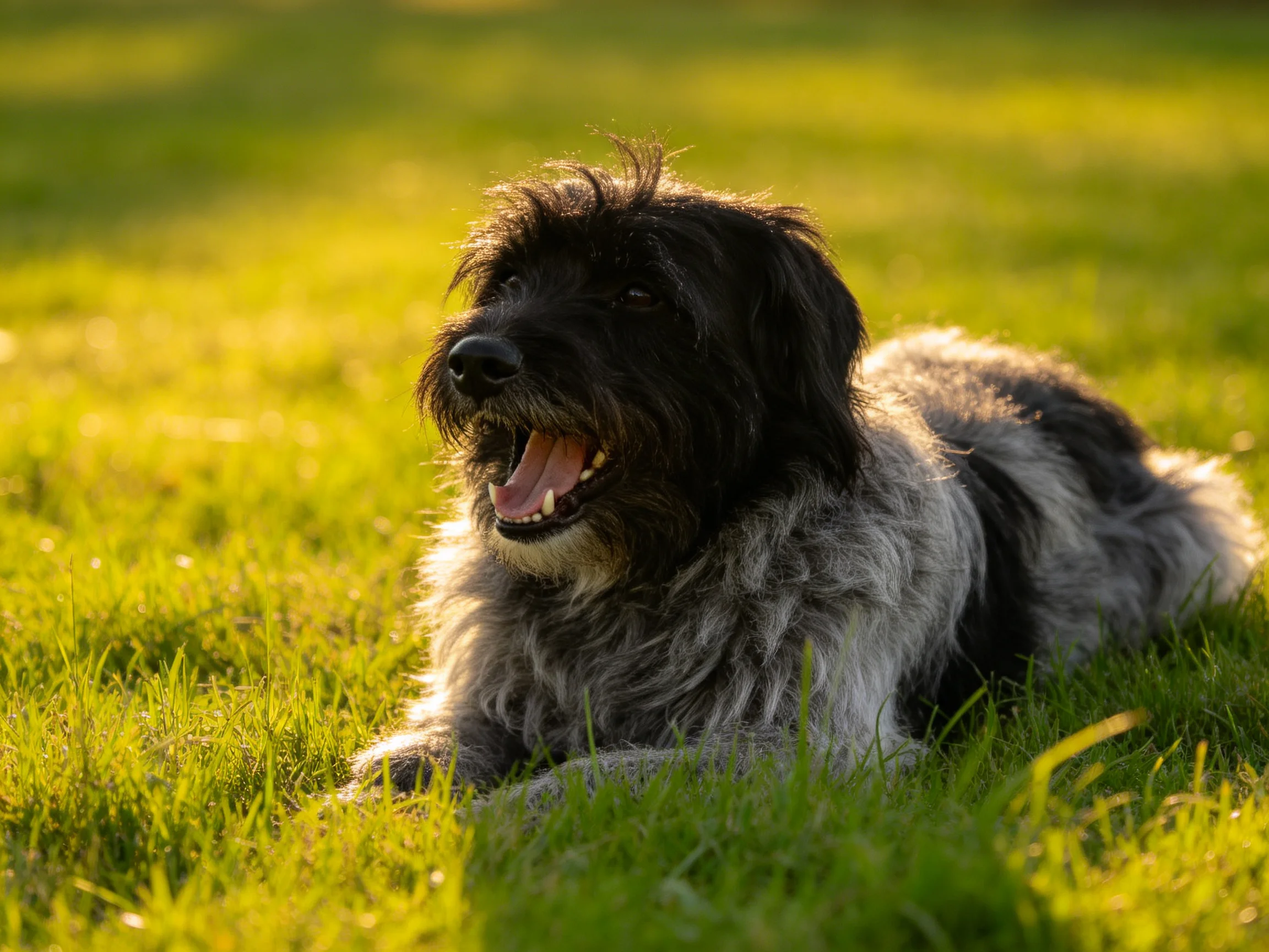 A black-and-gray shaggy dog rests on sunlit grass.