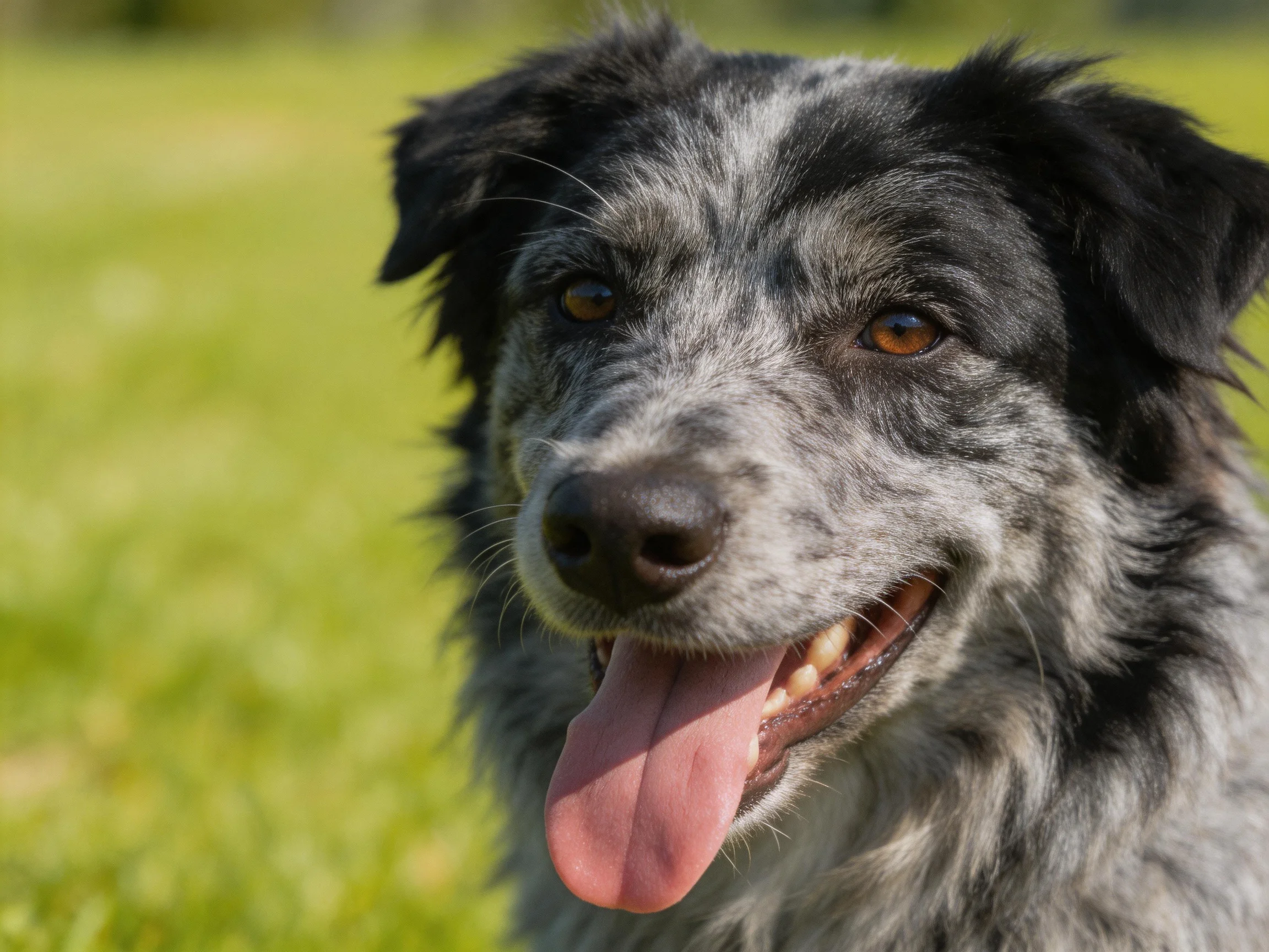 A black-and-gray speckled dog smiles happily in a sunlit grassy area.