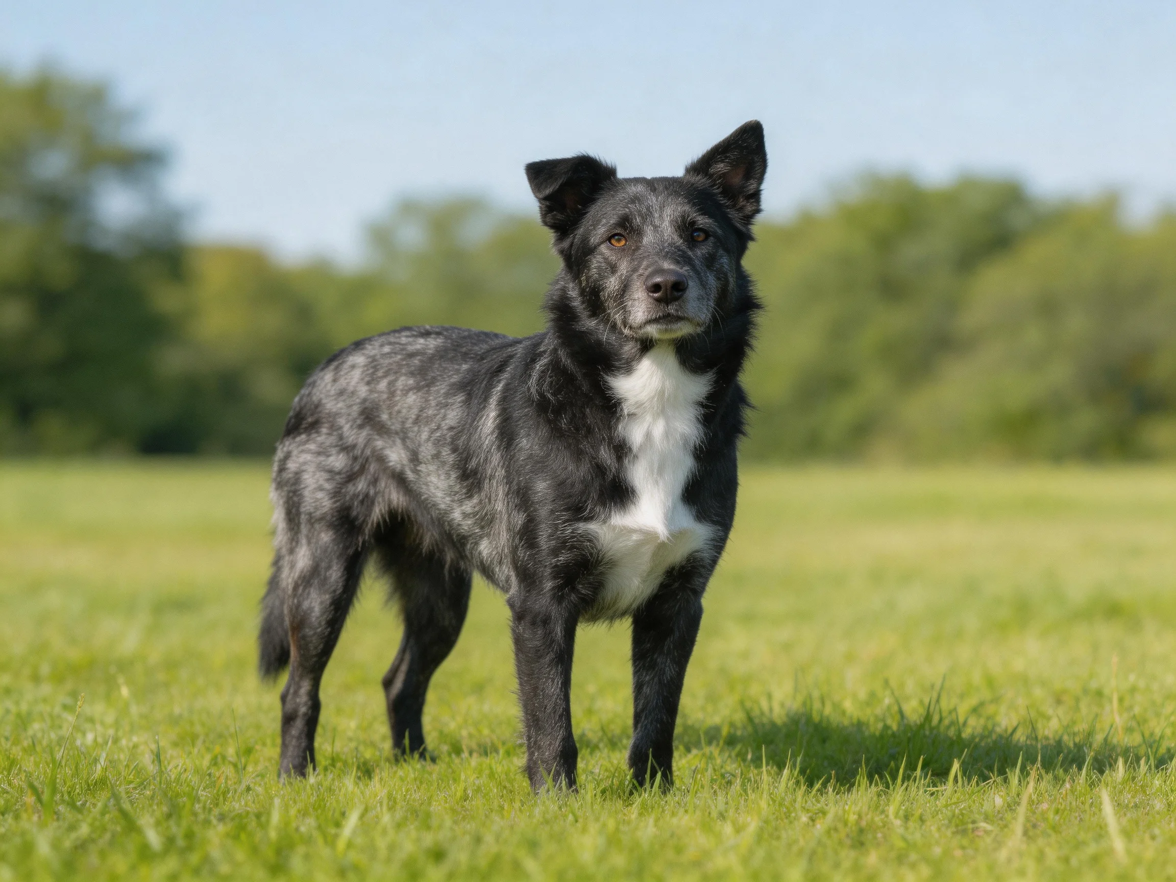 A black and gray speckled dog stands alert in a sunlit grassy meadow.