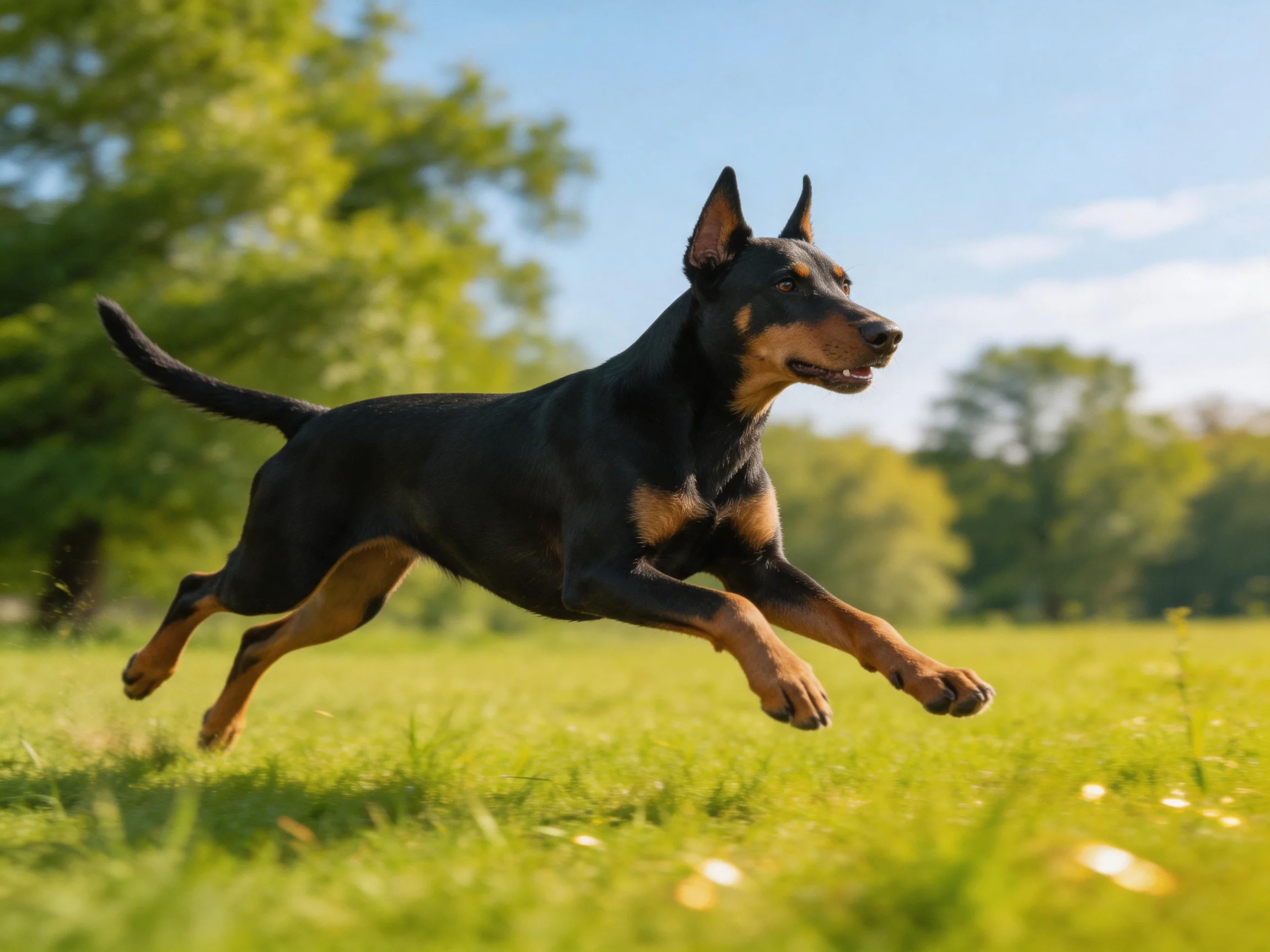 A black and tan Doberman leaping through a sunlit green meadow