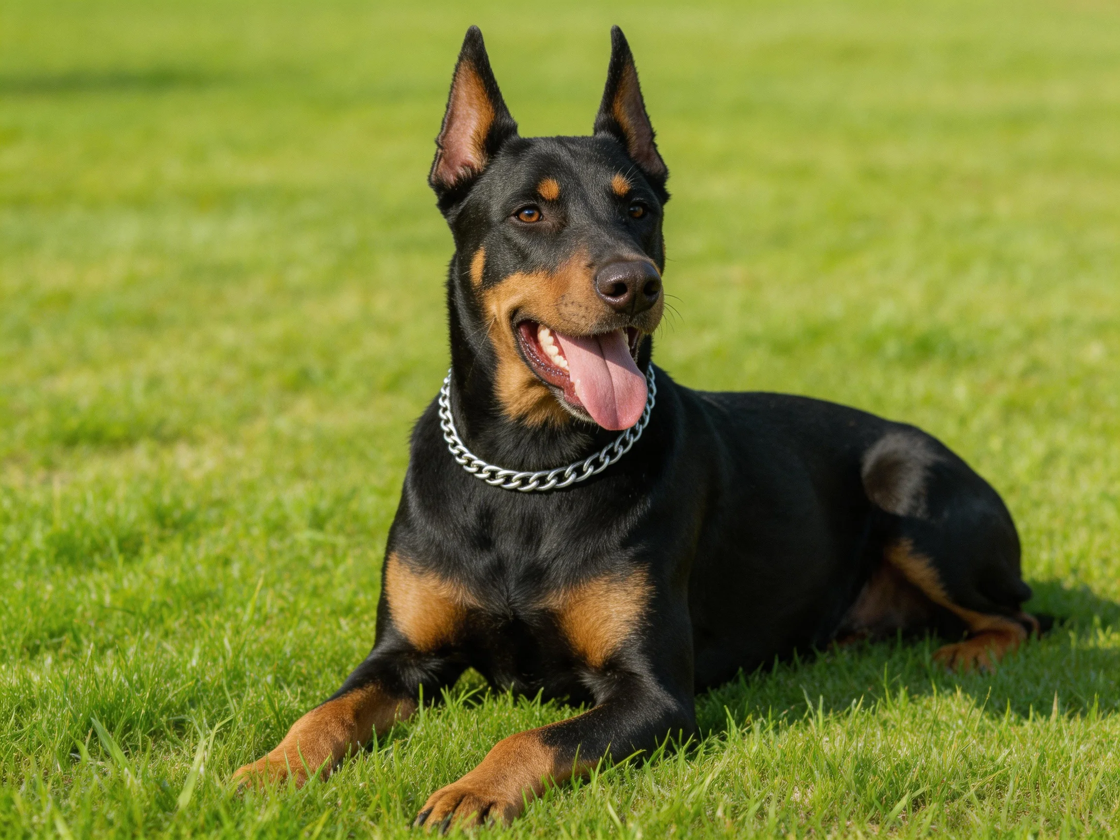 A black and tan Doberman relaxes on green grass.