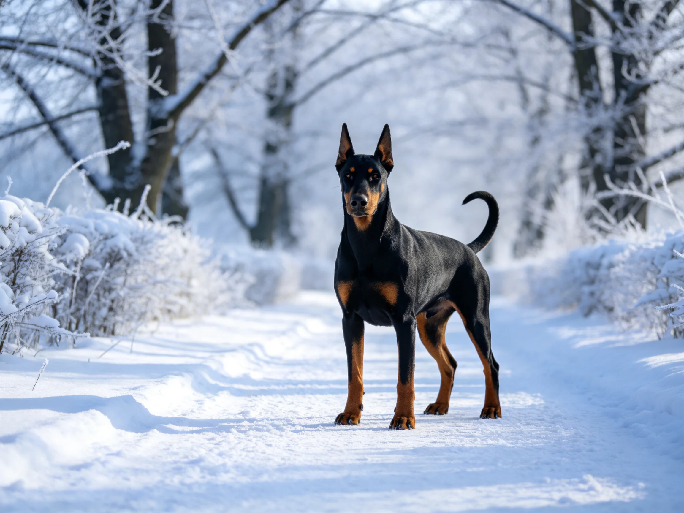 A black and tan Doberman stands on a snow-covered forest path