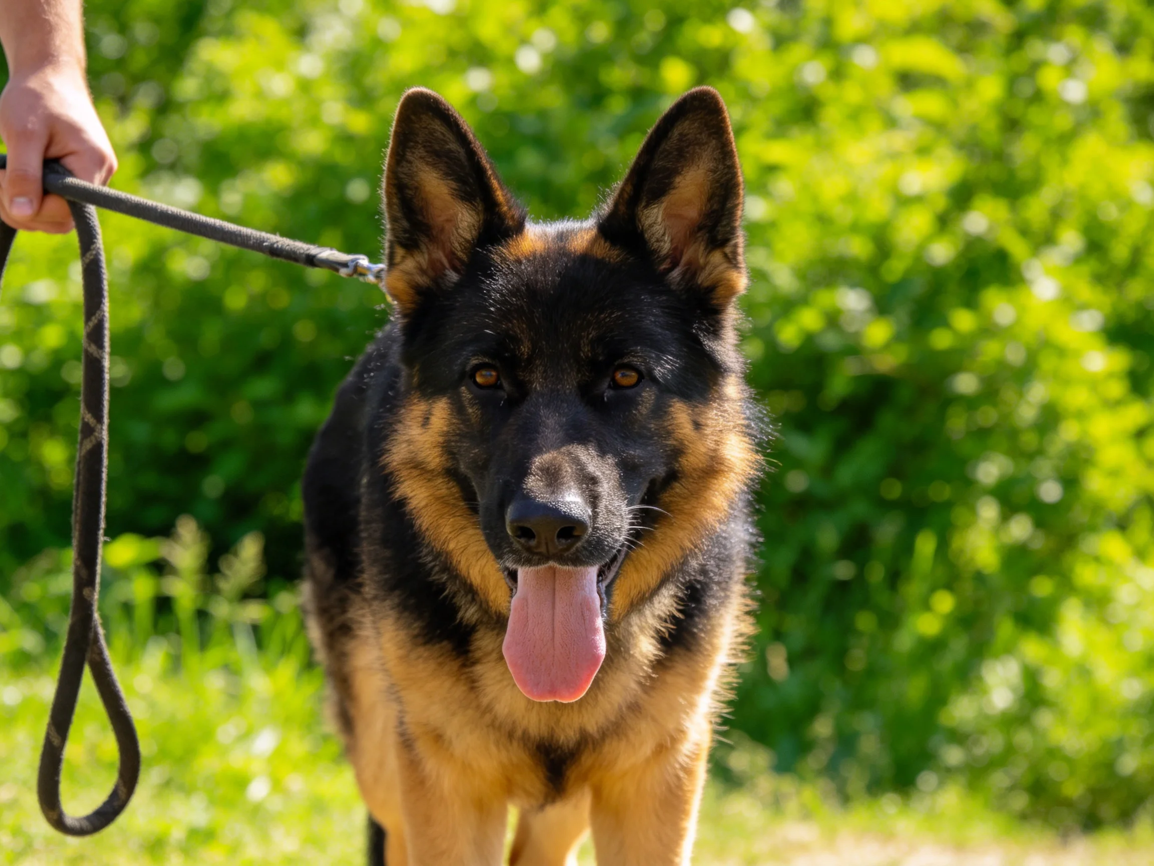 A German Shepherd dog stands on a leash in a sunlit, green outdoor environment.