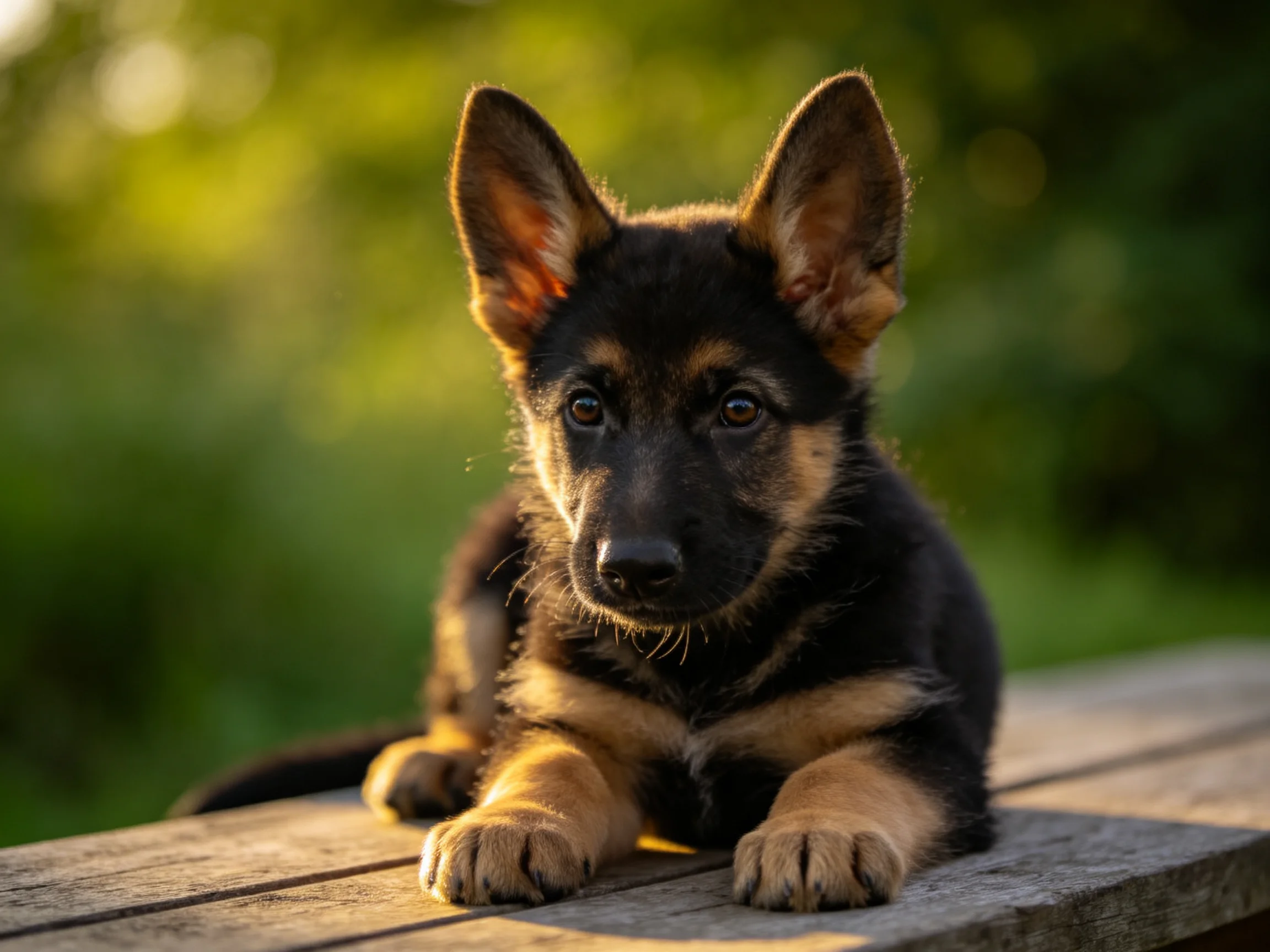 A black and tan German Shepherd puppy lies on a wooden bench outdoors.
