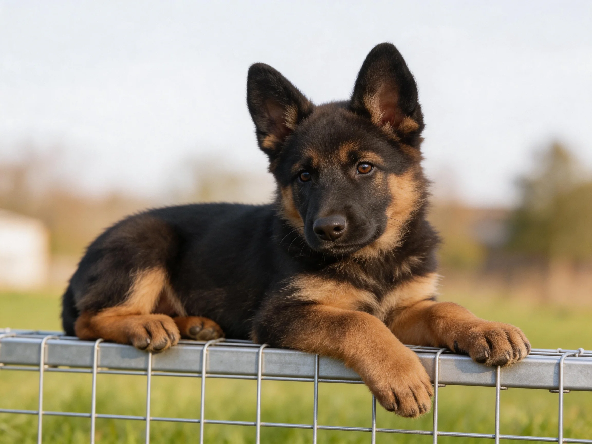 A German Shepherd puppy relaxes on a metal fence in a grassy outdoor area.