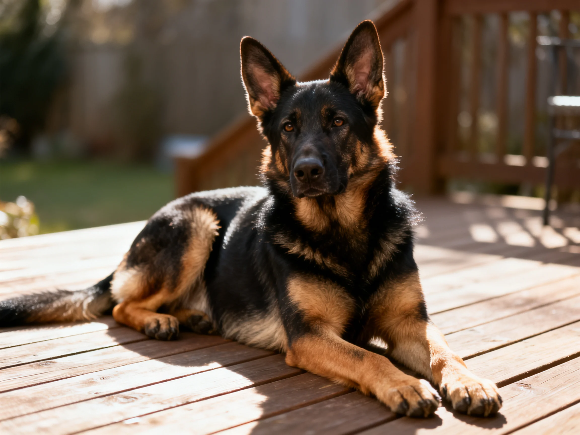 A German Shepherd rests calmly on an outdoor wooden deck.
