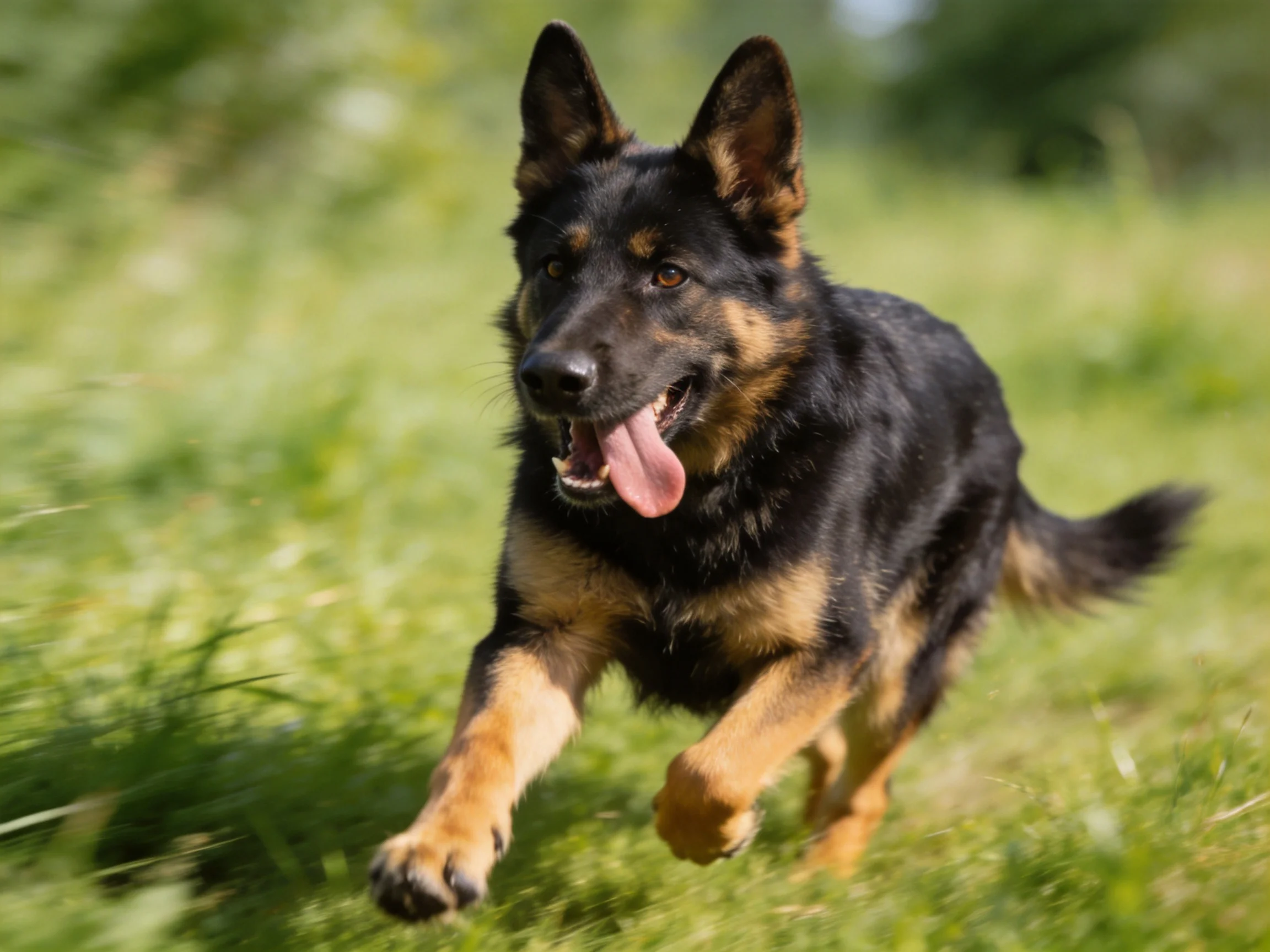 A German Shepherd runs energetically through green grass.