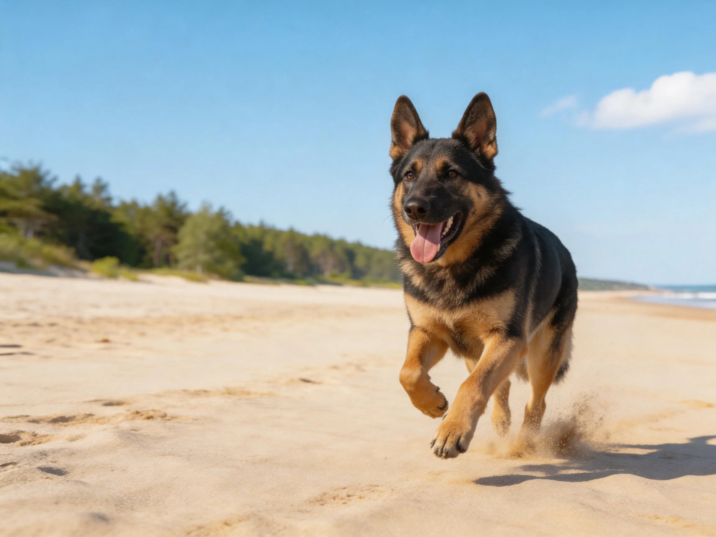 A German Shepherd dog runs energetically along a sandy shoreline.