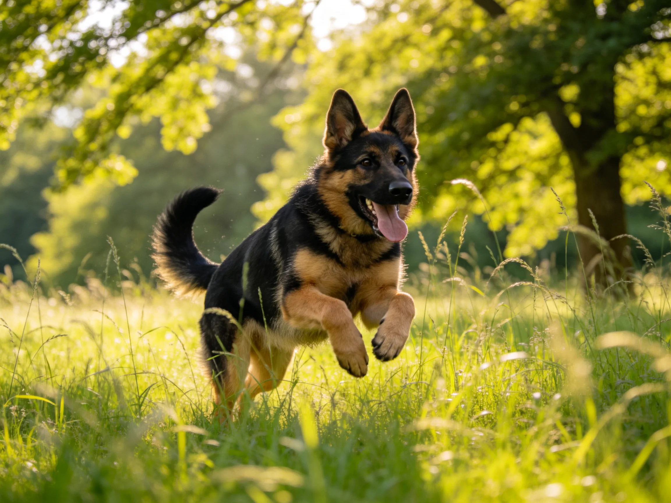 A German Shepherd runs joyfully through a sunlit meadow of tall grass.