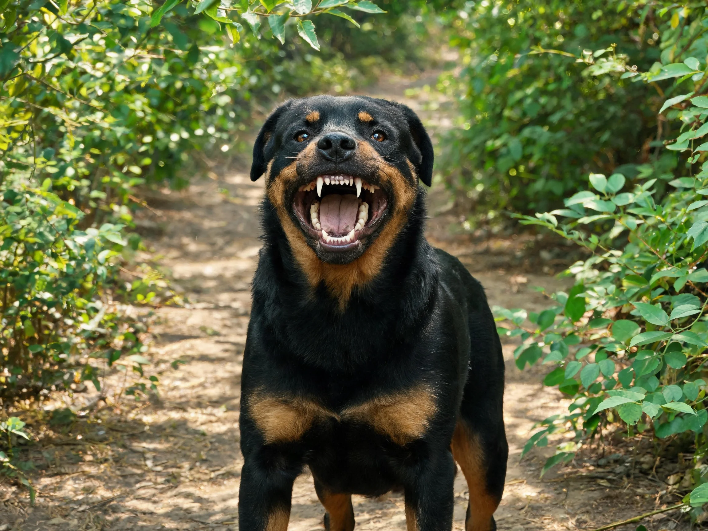 A black and tan Rottweiler barks fiercely in a sun-dappled forest path