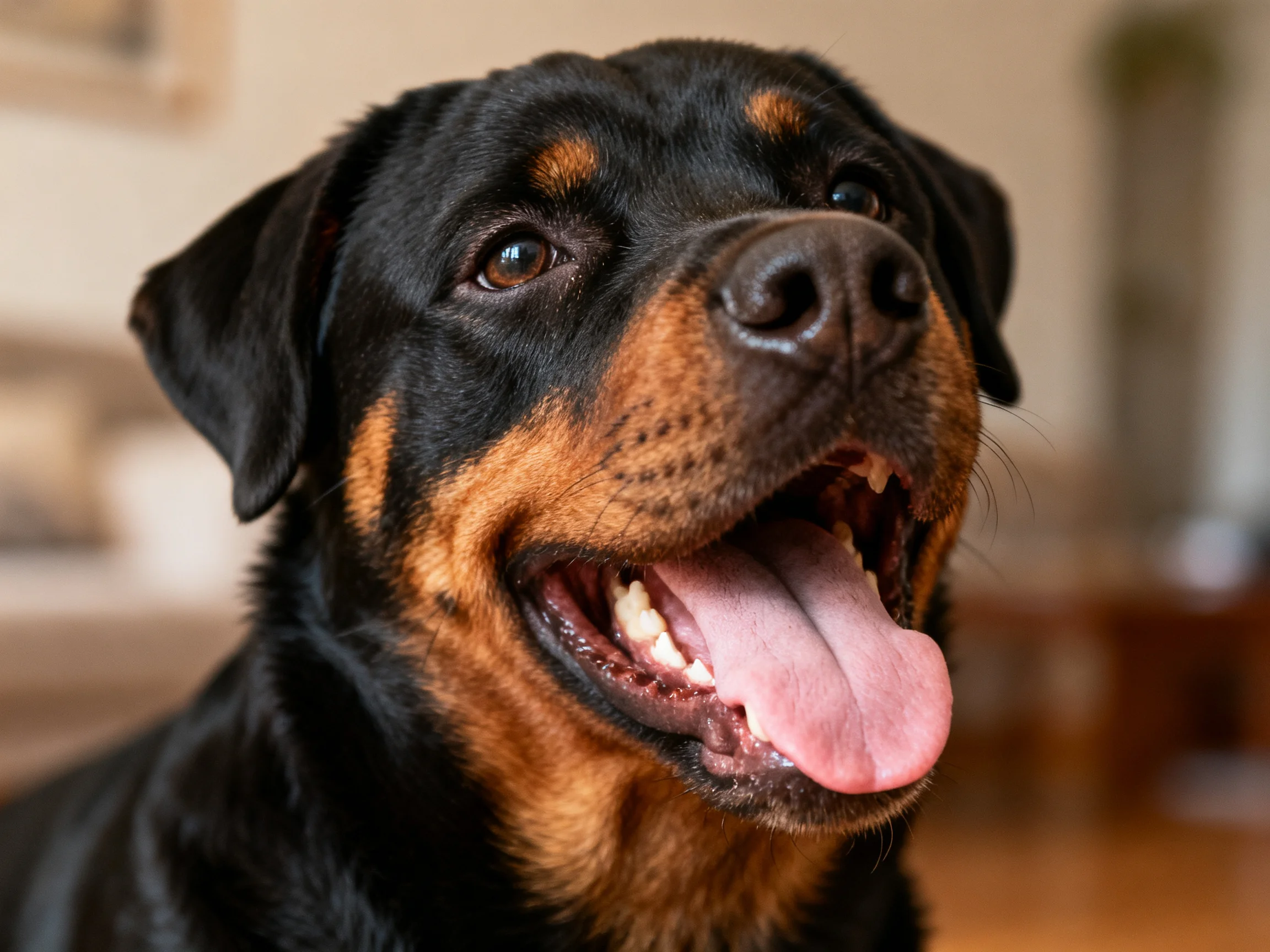 A black and tan Rottweiler dog pants contentedly inside