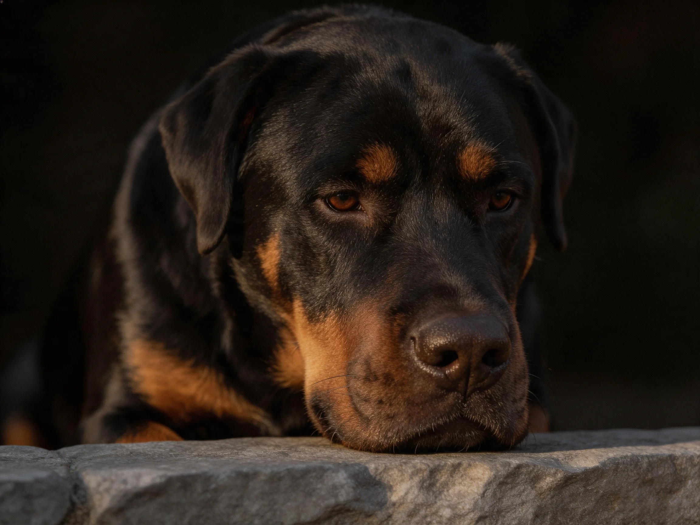 A black and tan Rottweiler rests against a gray stone surface