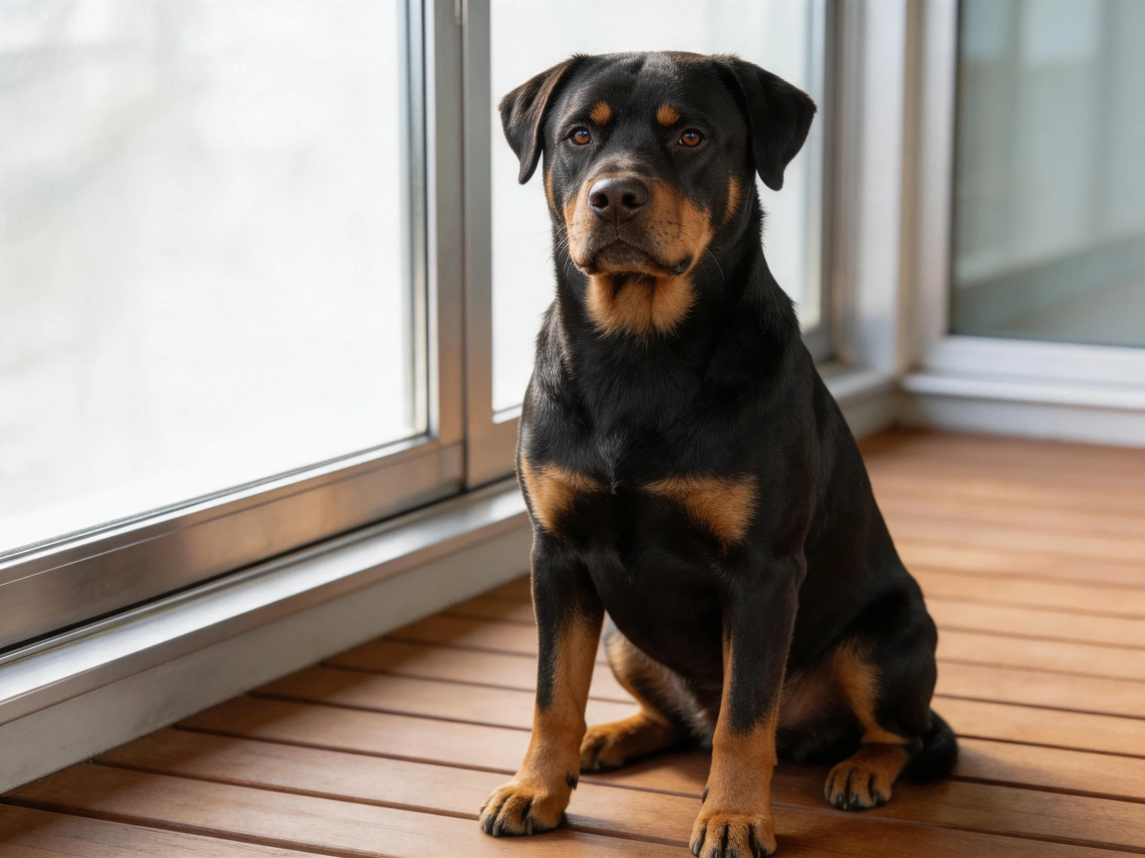 A black and tan Rottweiler sits near large glass windows.